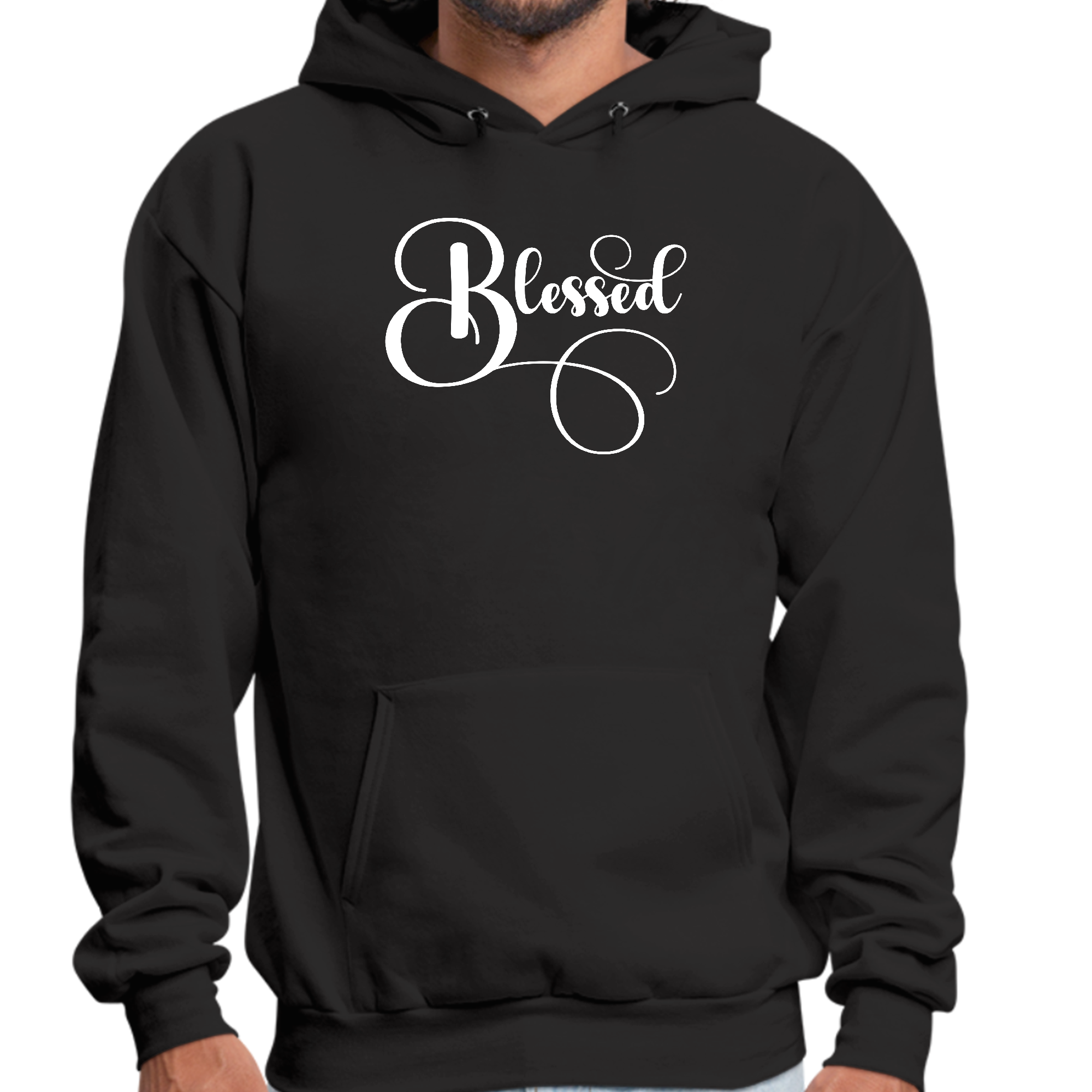 Mens Graphic Hoodie featuring a Blessed Graphic Illustration, showcasing a stylish design with a drawstring neckline and long sleeves.