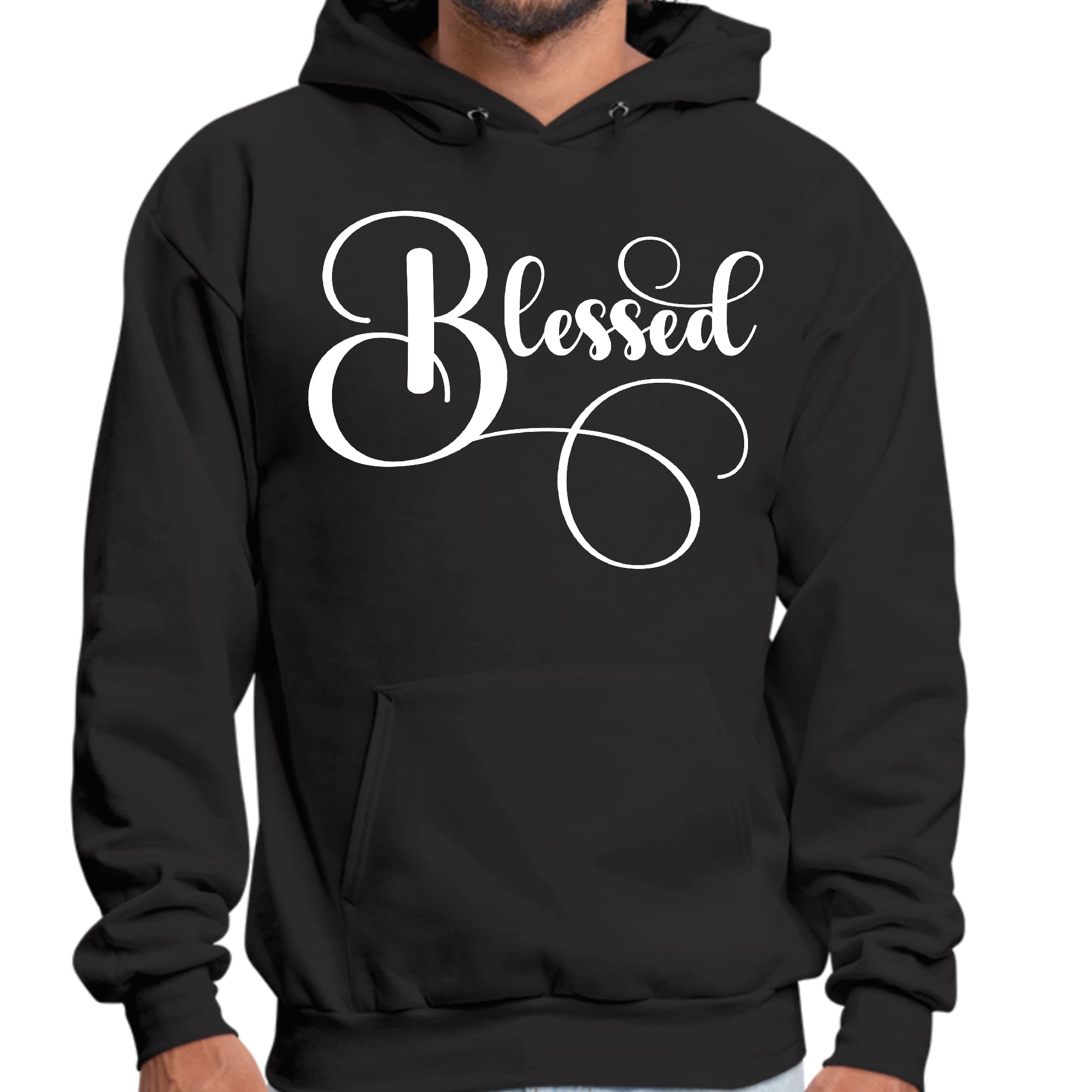 Mens Graphic Hoodie featuring a Blessed Graphic Illustration, showcasing a stylish design with a drawstring neckline and long sleeves.