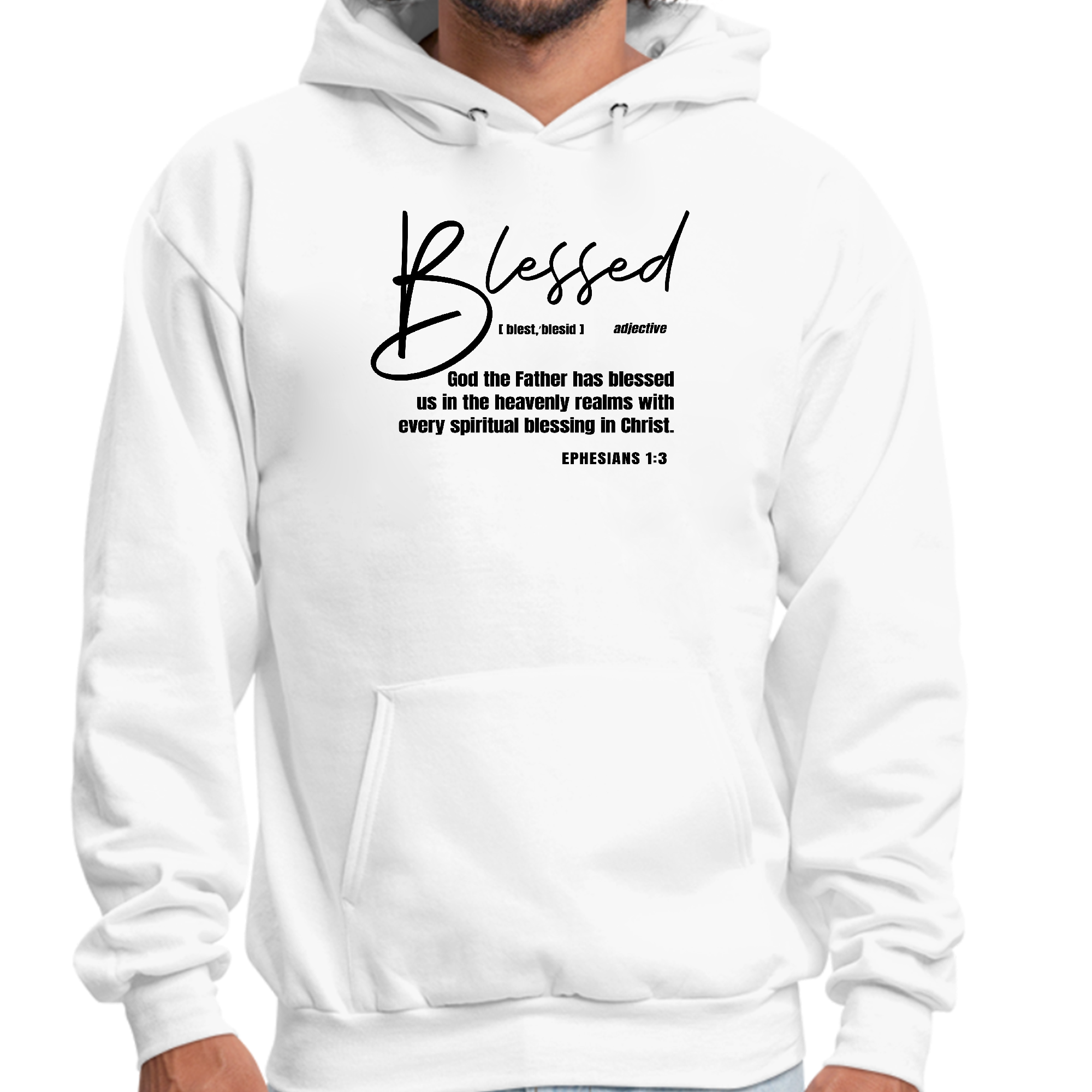 Mens Graphic Hoodie Blessed in Christ featuring a bold illustration on a black background, designed for comfort and style.