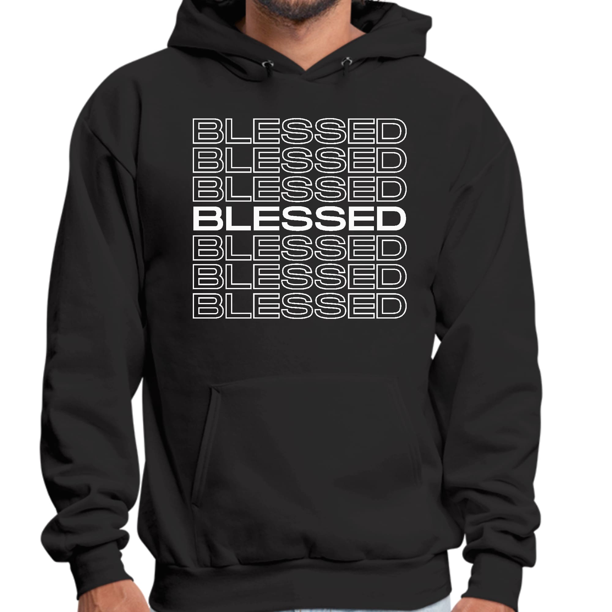 Mens Graphic Hoodie featuring a Blessed Stacked Print design, showcasing a comfortable fit and stylish drawstring neckline.