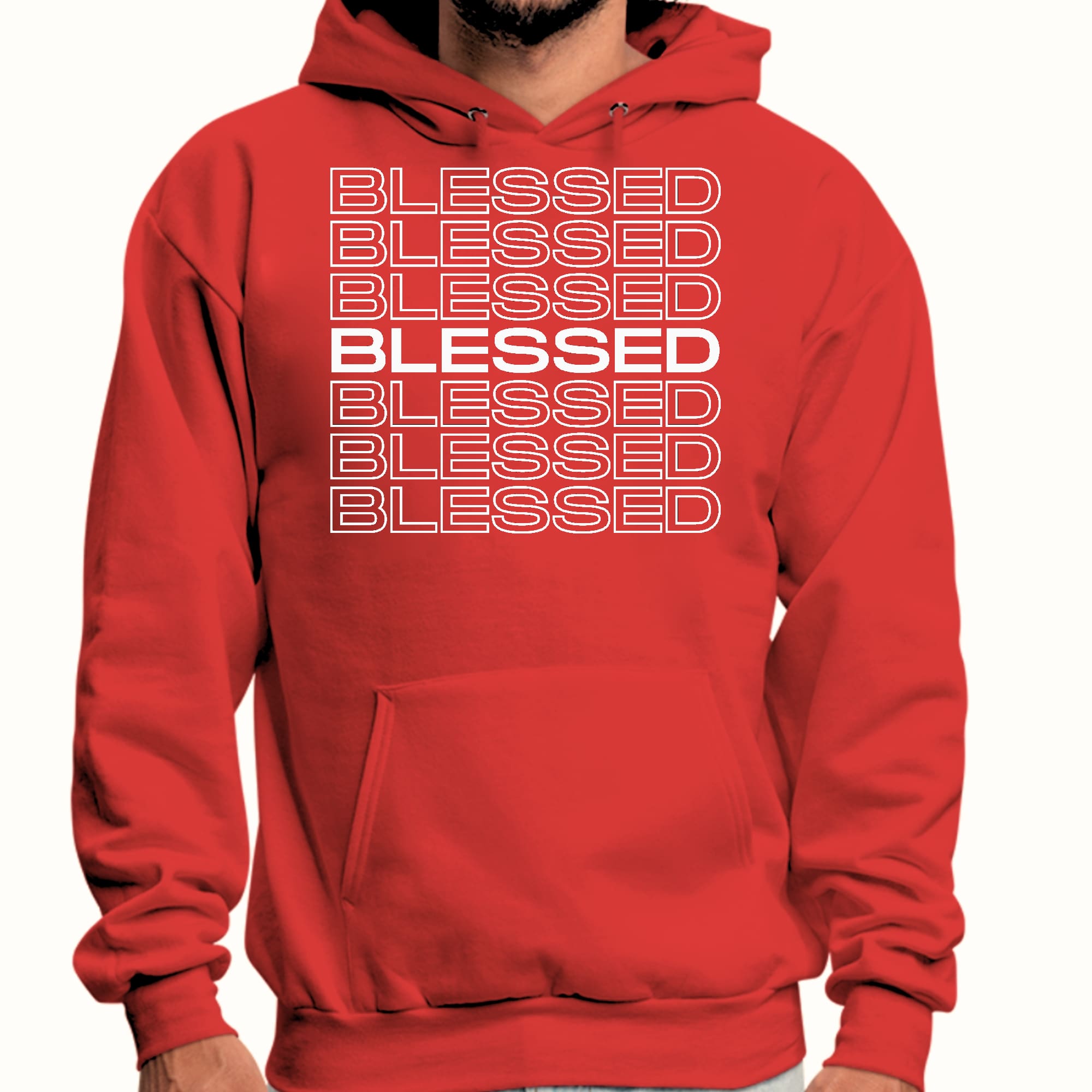 Mens Graphic Hoodie featuring a Blessed Stacked Print design, showcasing a comfortable fit and stylish drawstring neckline.