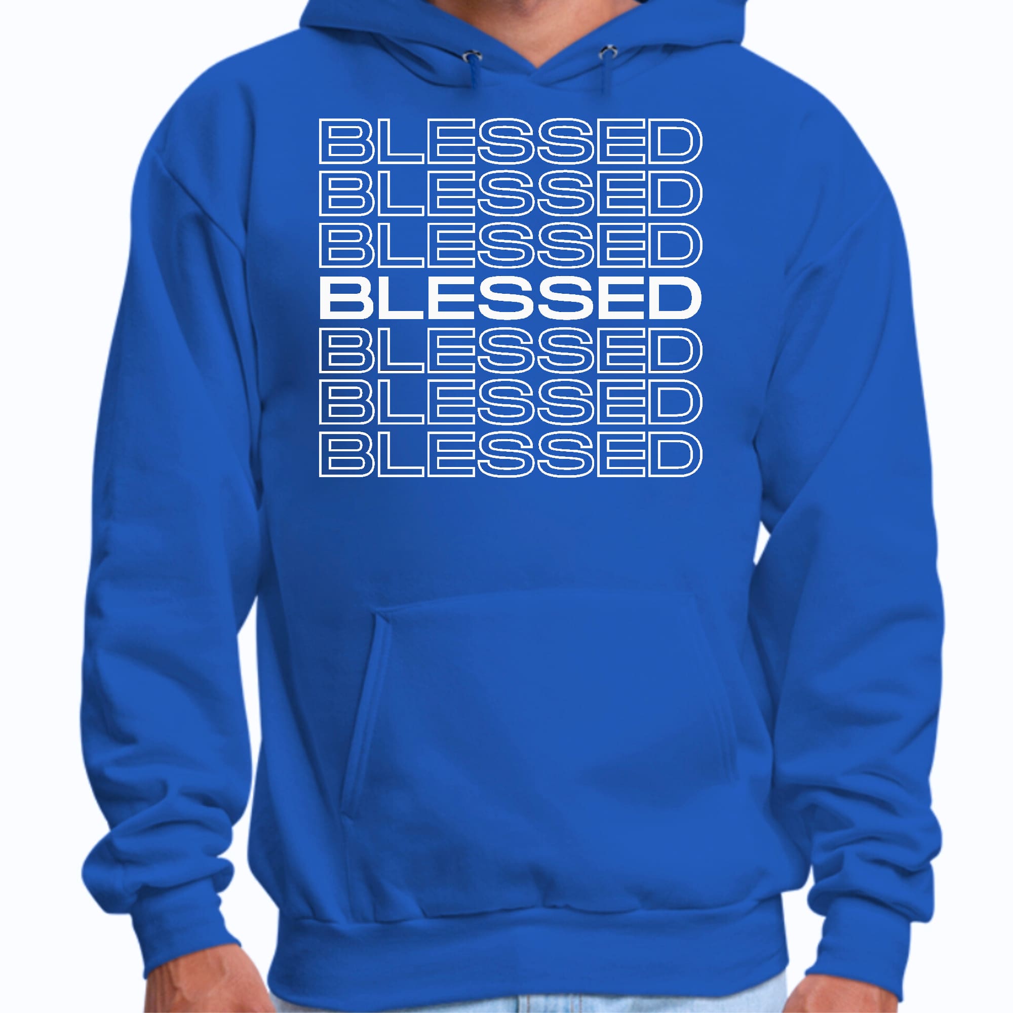 Mens Graphic Hoodie featuring a Blessed Stacked Print design, showcasing a comfortable fit and stylish drawstring neckline.