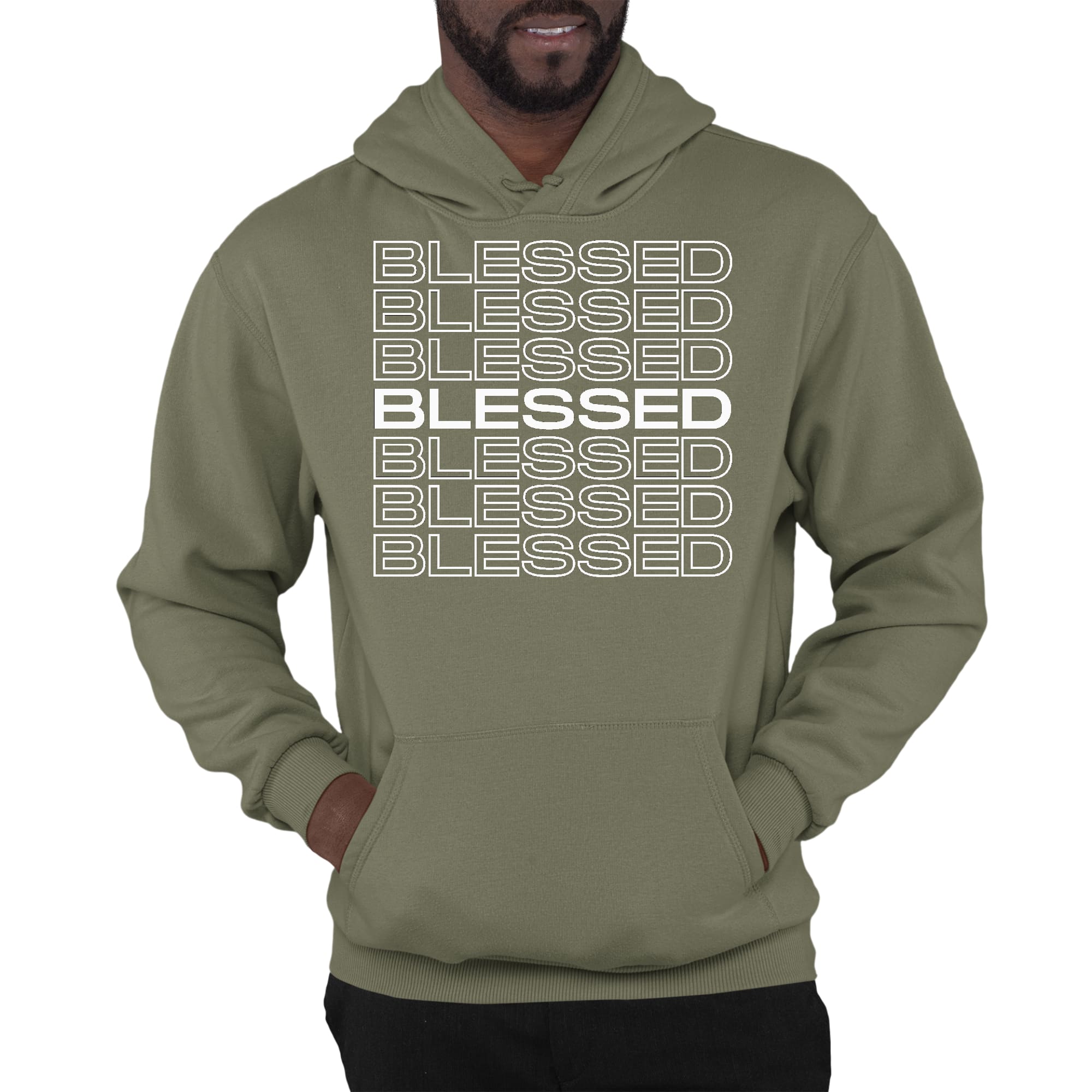 Mens Graphic Hoodie featuring a Blessed Stacked Print design, showcasing a comfortable fit and stylish drawstring neckline.