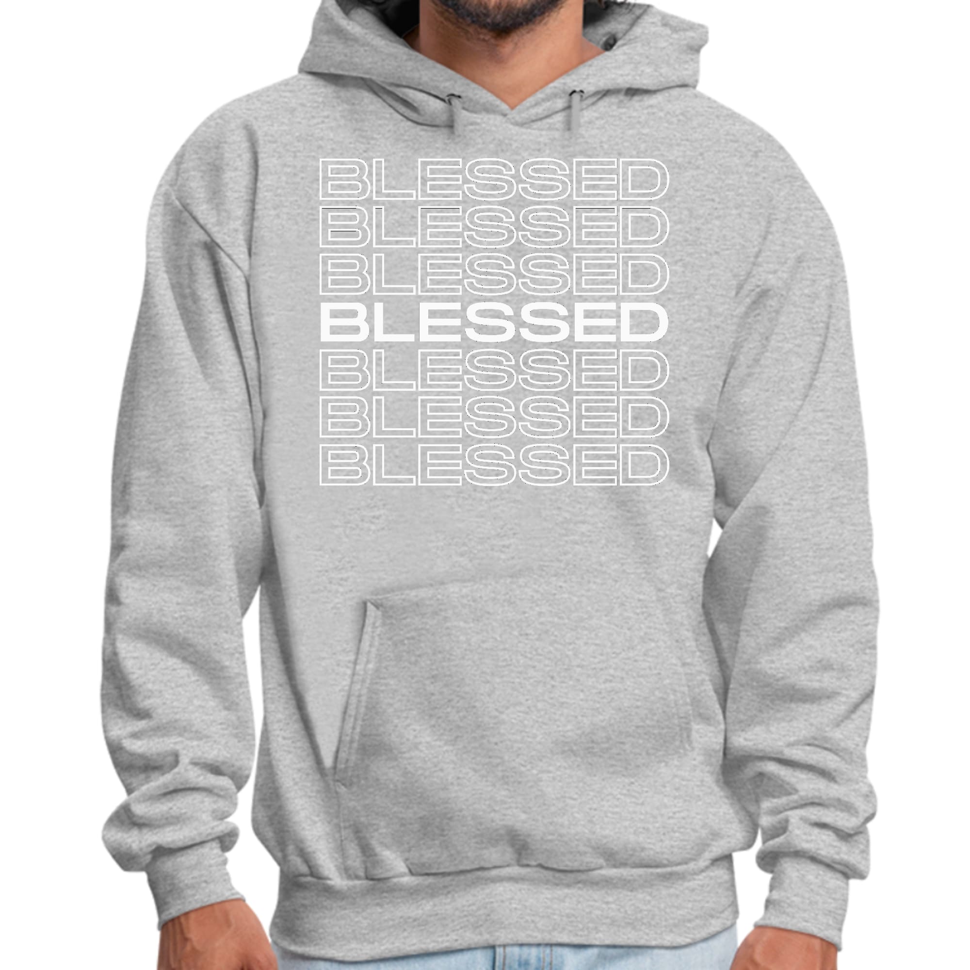 Mens Graphic Hoodie featuring a Blessed Stacked Print design, showcasing a comfortable fit and stylish drawstring neckline.