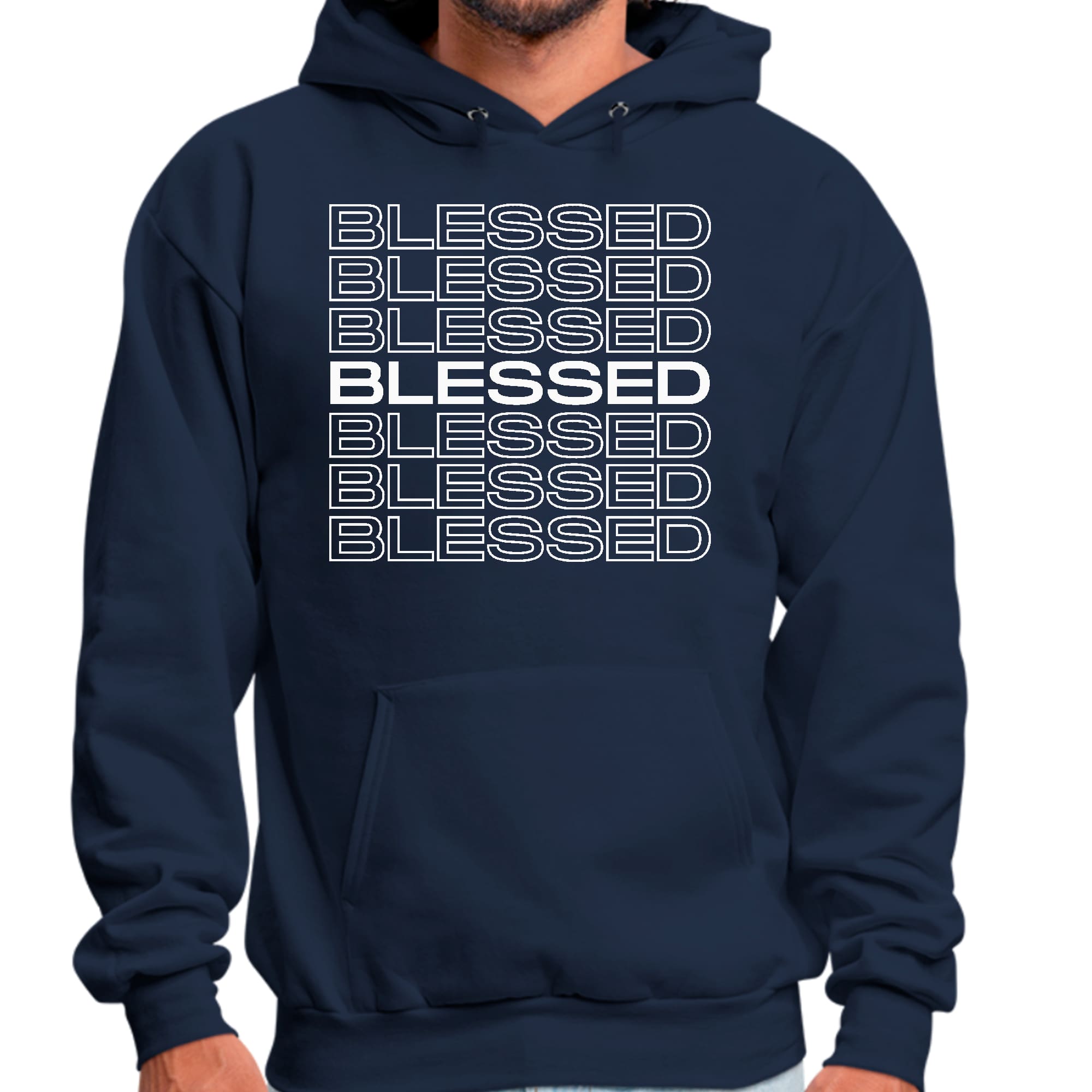 Mens Graphic Hoodie featuring a Blessed Stacked Print design, showcasing a comfortable fit and stylish drawstring neckline.