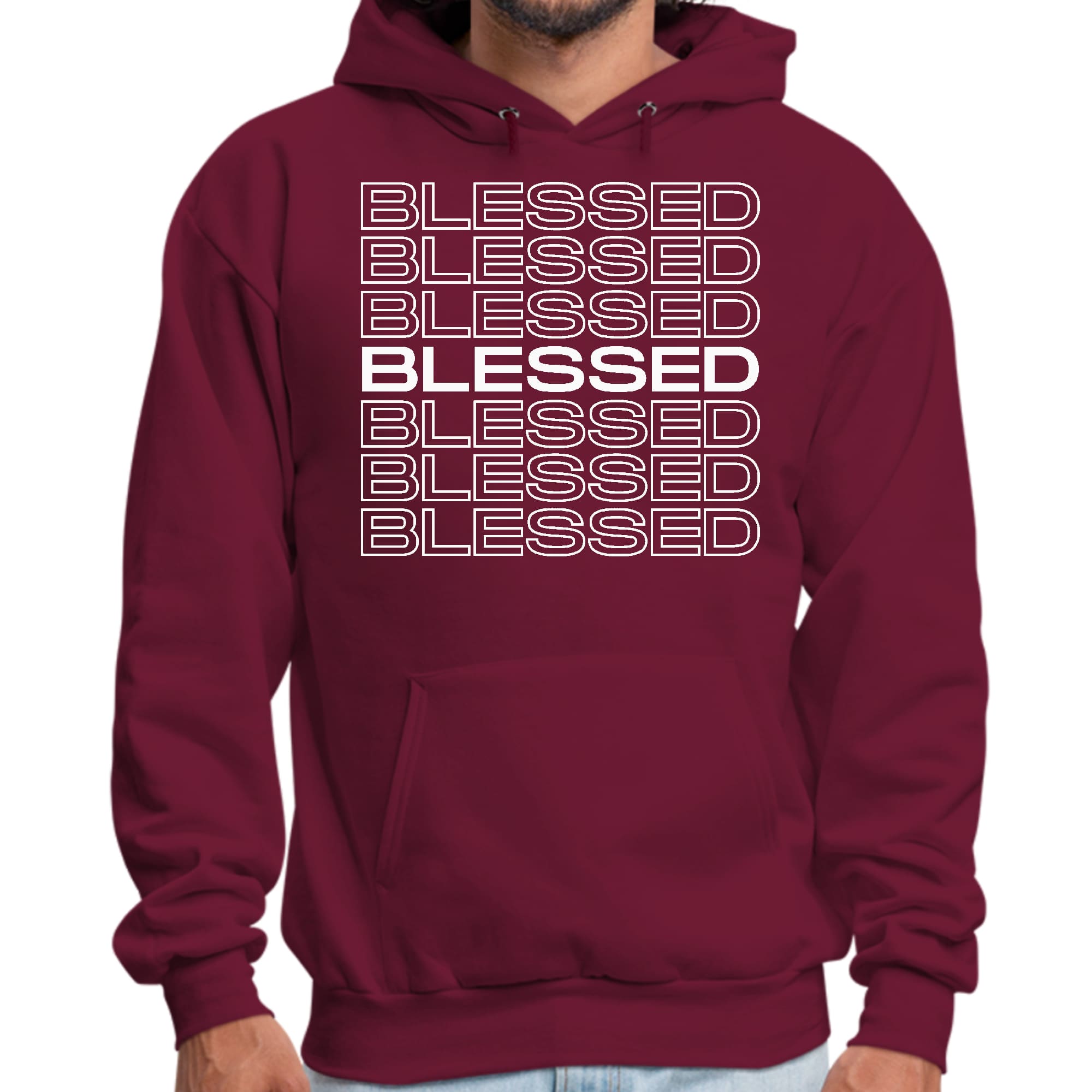 Mens Graphic Hoodie featuring a Blessed Stacked Print design, showcasing a comfortable fit and stylish drawstring neckline.