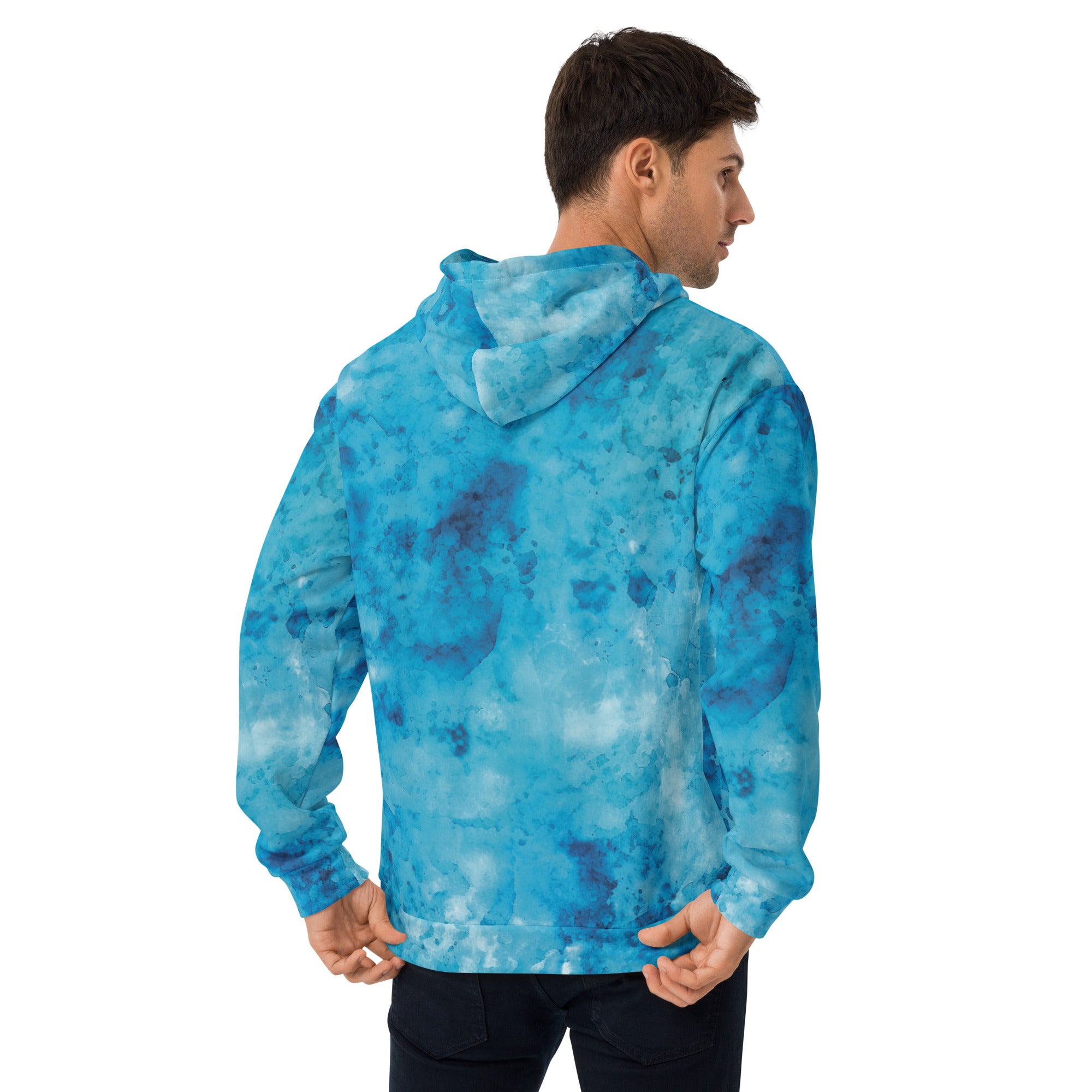 Mens Graphic Hoodie featuring a striking blue marble print, showcasing a comfortable design with a double-lined hood and front pouch pocket.