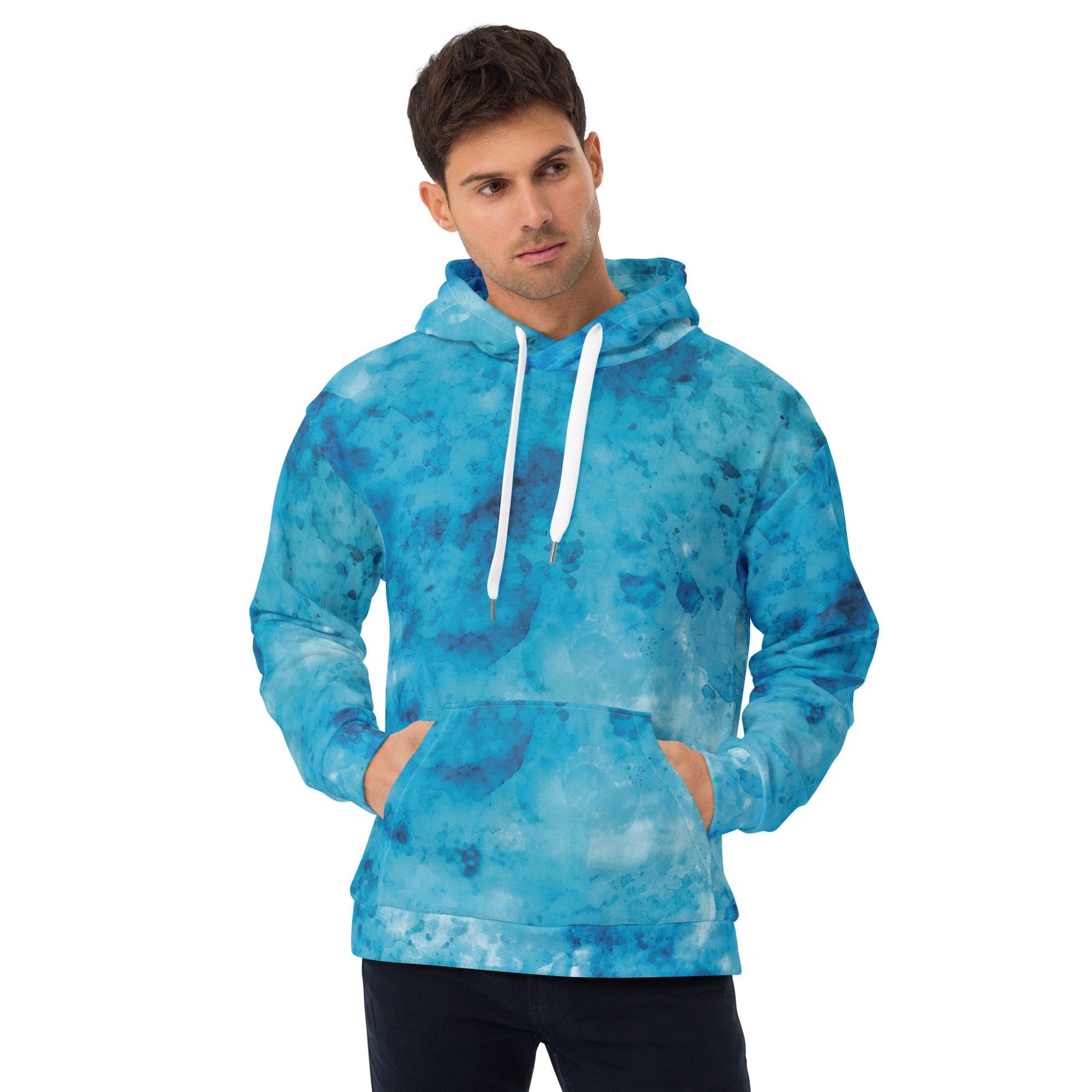 Mens Graphic Hoodie featuring a striking blue marble print, showcasing a comfortable design with a double-lined hood and front pouch pocket.