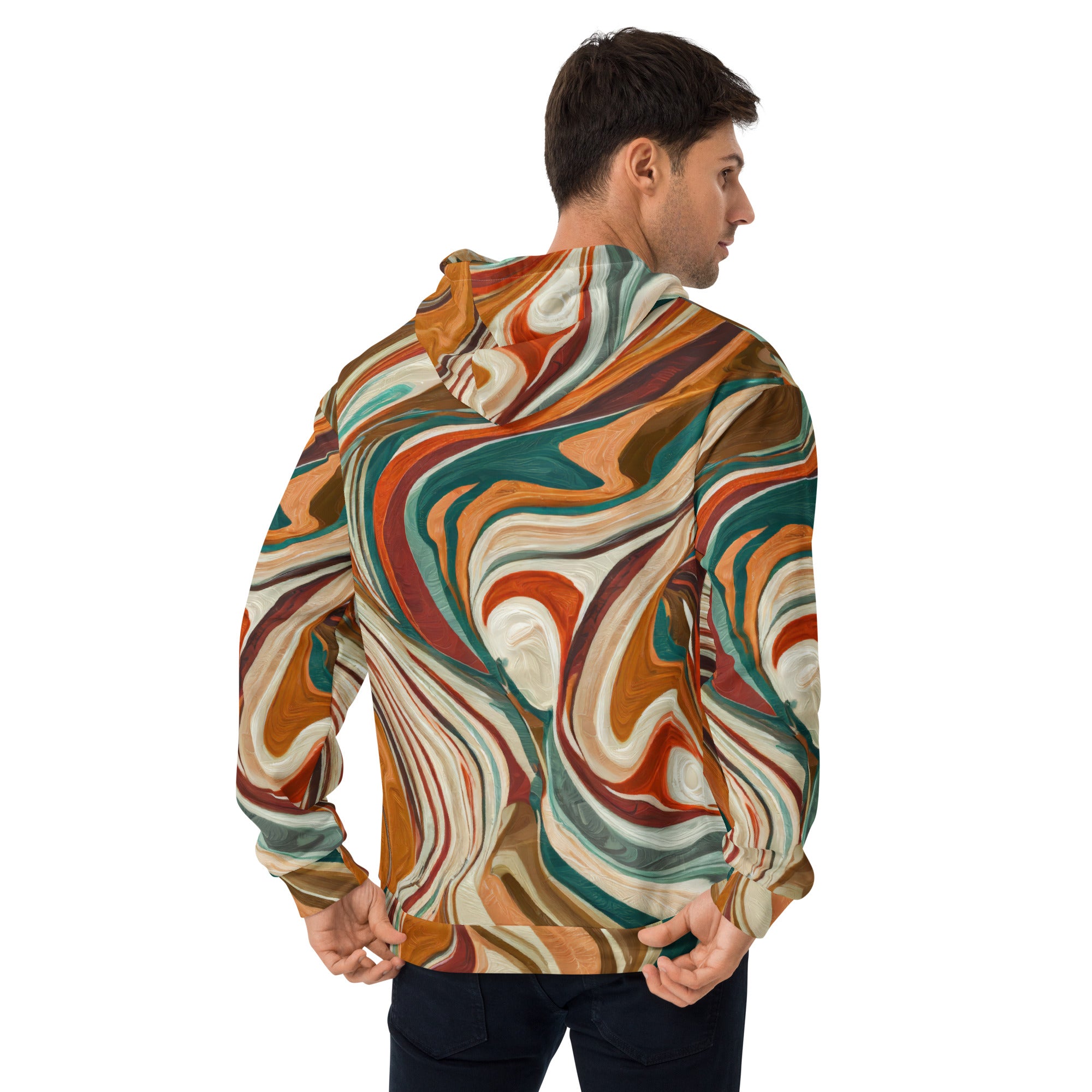 Men's Graphic Hoodie featuring a Boho Brown Marble Print, showcasing a stylish design with a double-lined hood and front pouch pocket.