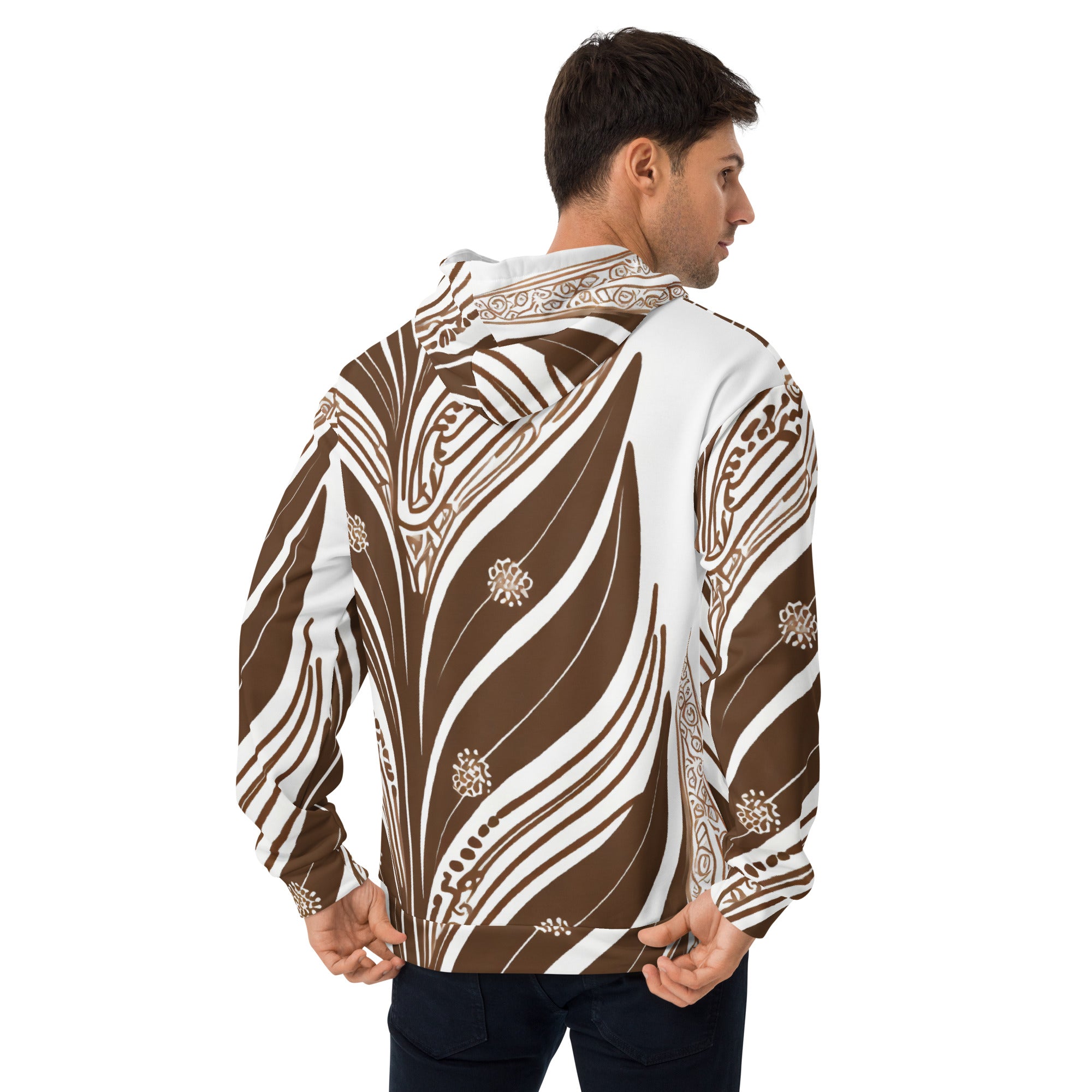 Mens Graphic Hoodie featuring a brown floral line art print, showcasing a stylish design with a comfortable hood and front pouch pocket.