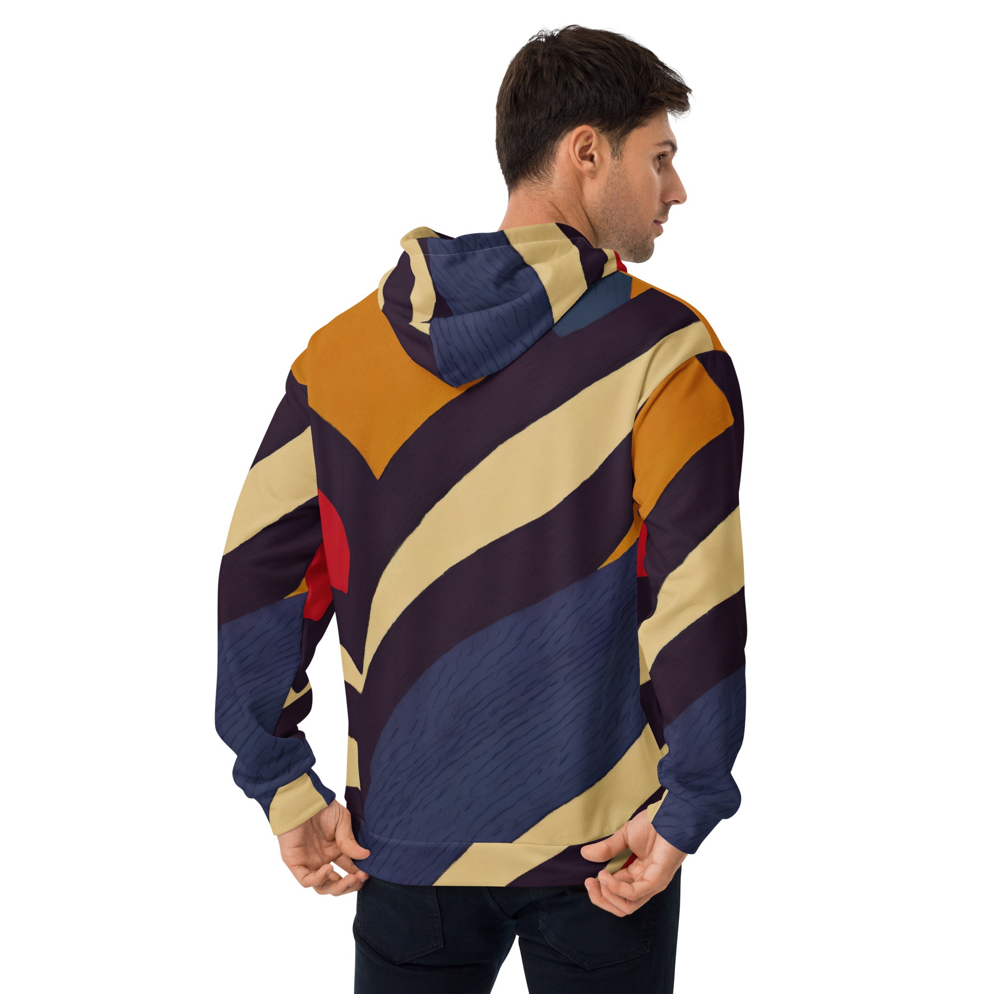 Mens Graphic Hoodie featuring a colorblock design in brown, red, and blue with a double-lined hood and front pouch pocket.