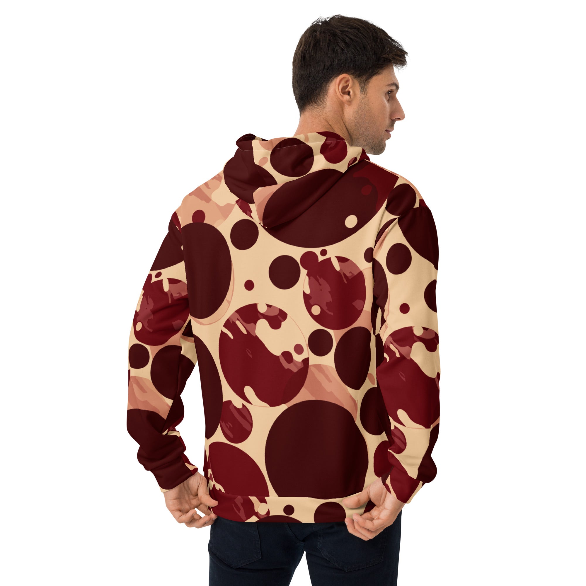 Men's Graphic Hoodie in Burgundy and Beige featuring a circular print design, showcasing a stylish and comfortable fit.