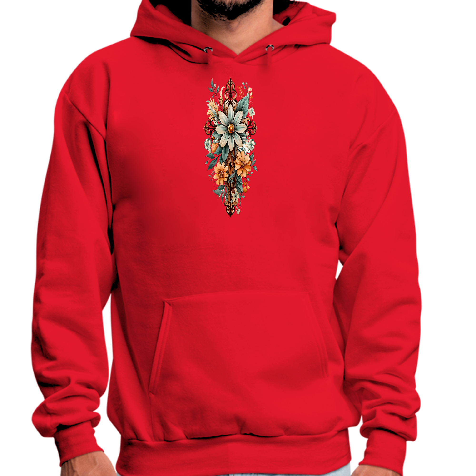 Men's graphic hoodie featuring a Christian Cross and floral bouquet design in green and brown, showcasing a stylish and comfortable fit.