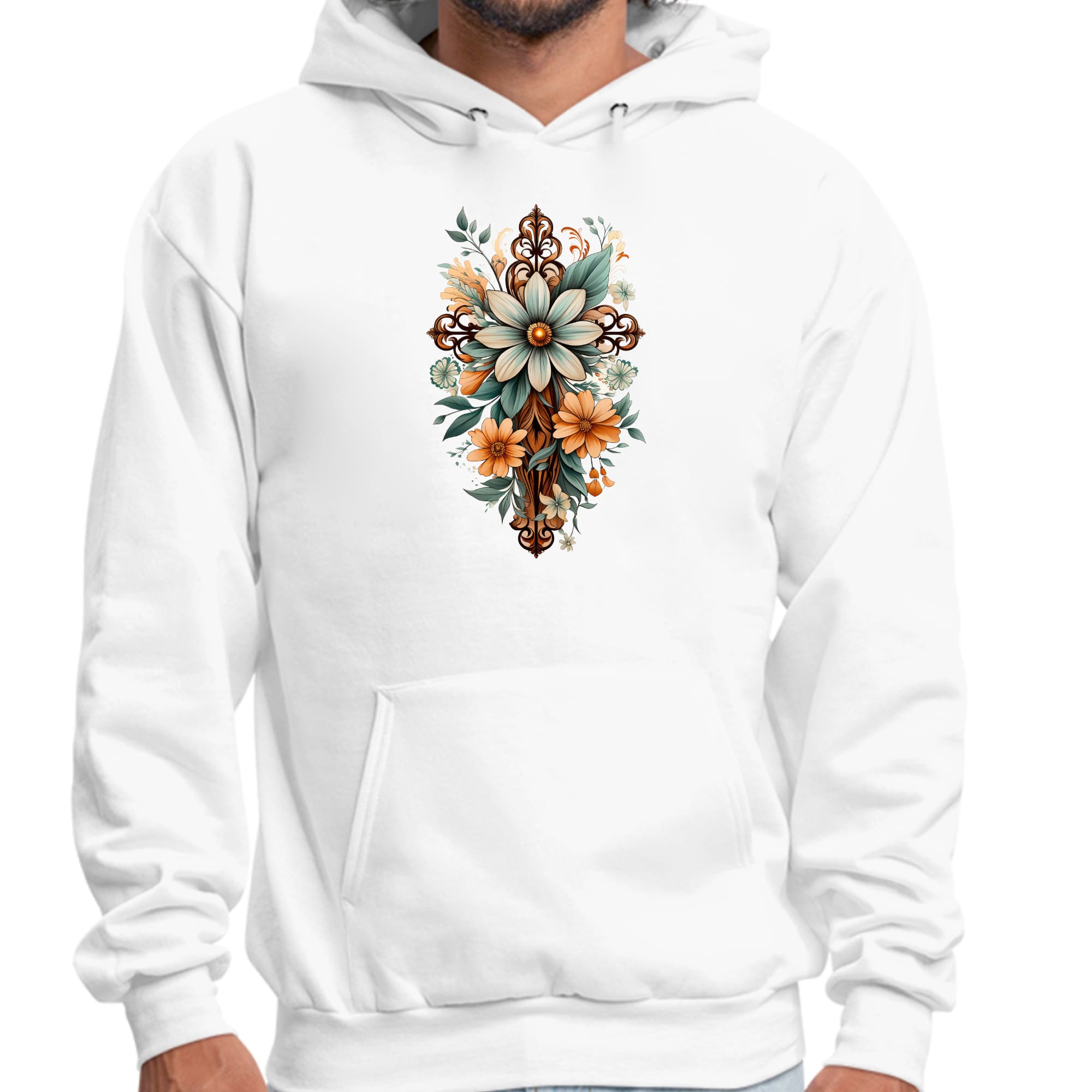 Men's graphic hoodie featuring a Christian Cross and floral bouquet design in green and brown, showcasing a stylish and comfortable fit.