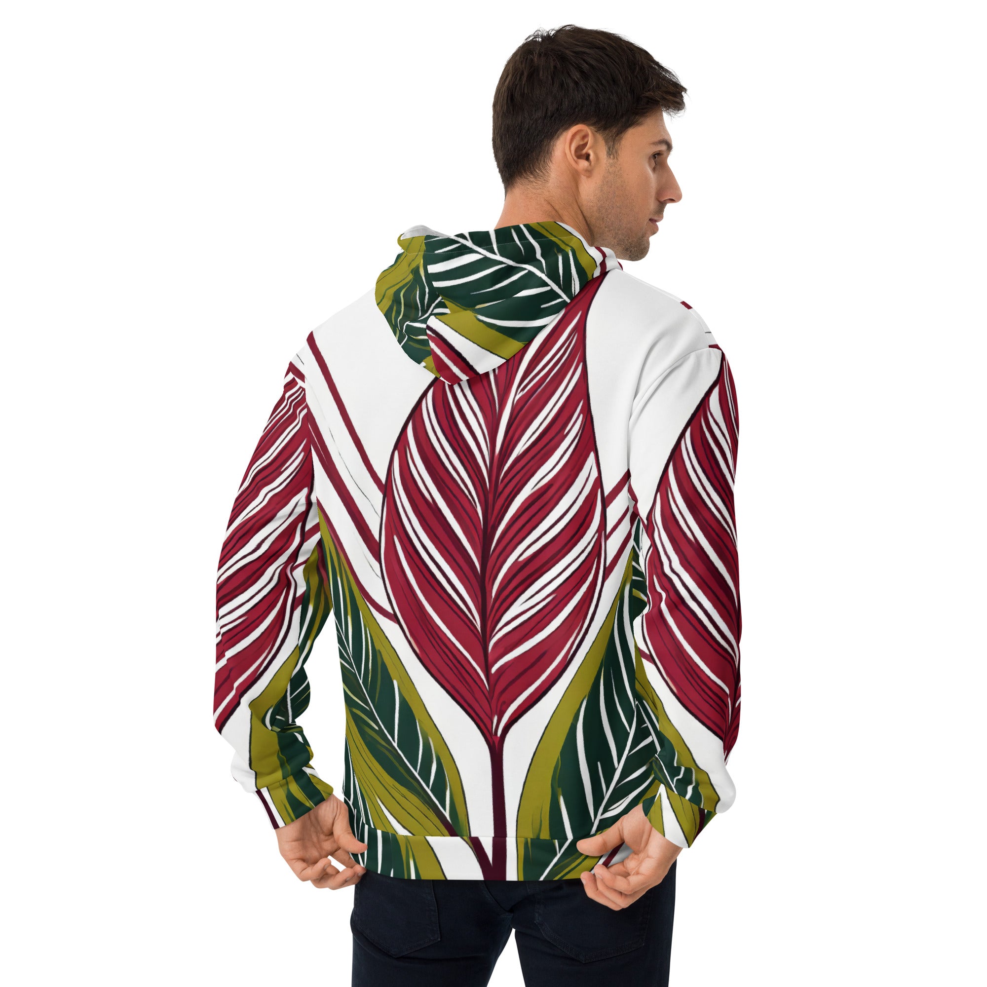 Mens Graphic Hoodie featuring colorful floral line art print, showcasing a dynamic design with a double-lined hood and front pouch pocket.