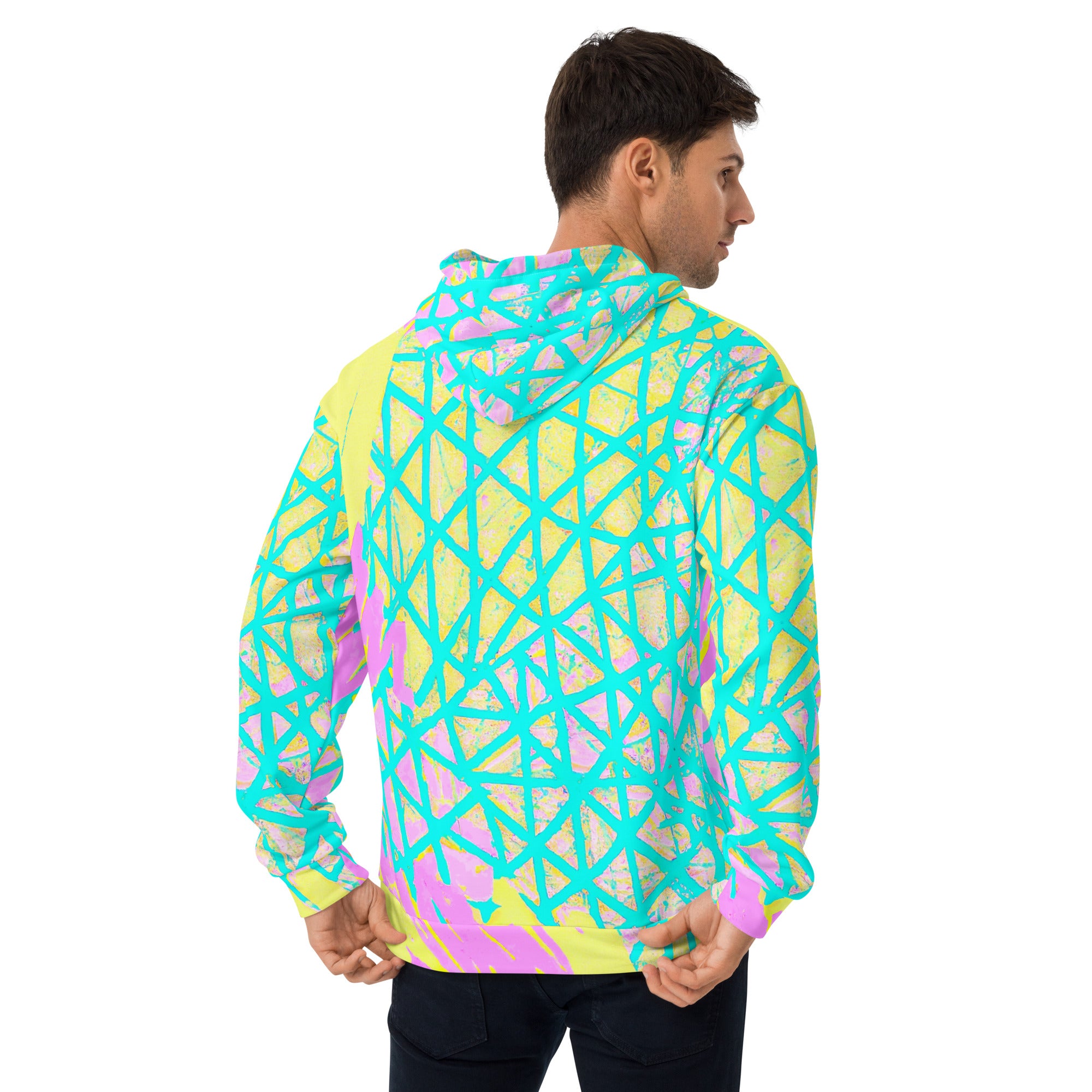 Mens Graphic Hoodie featuring a vibrant cyan blue, lime green, and pink pattern, showcasing a stylish design with a comfortable fit.