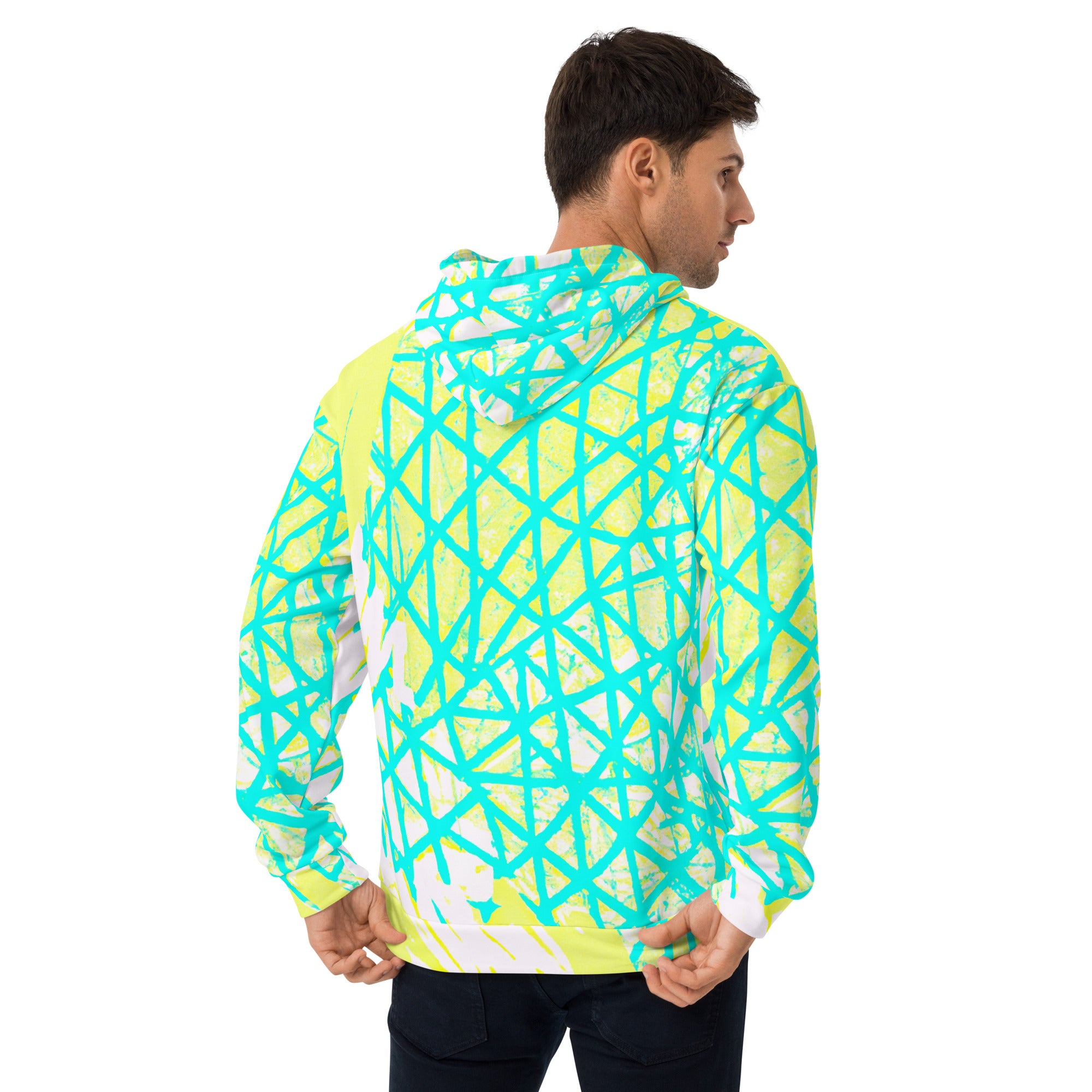 Mens Graphic Hoodie featuring a vibrant cyan blue, lime green, and white pattern, showcasing a stylish design with a comfortable hood and front pouch pocket.