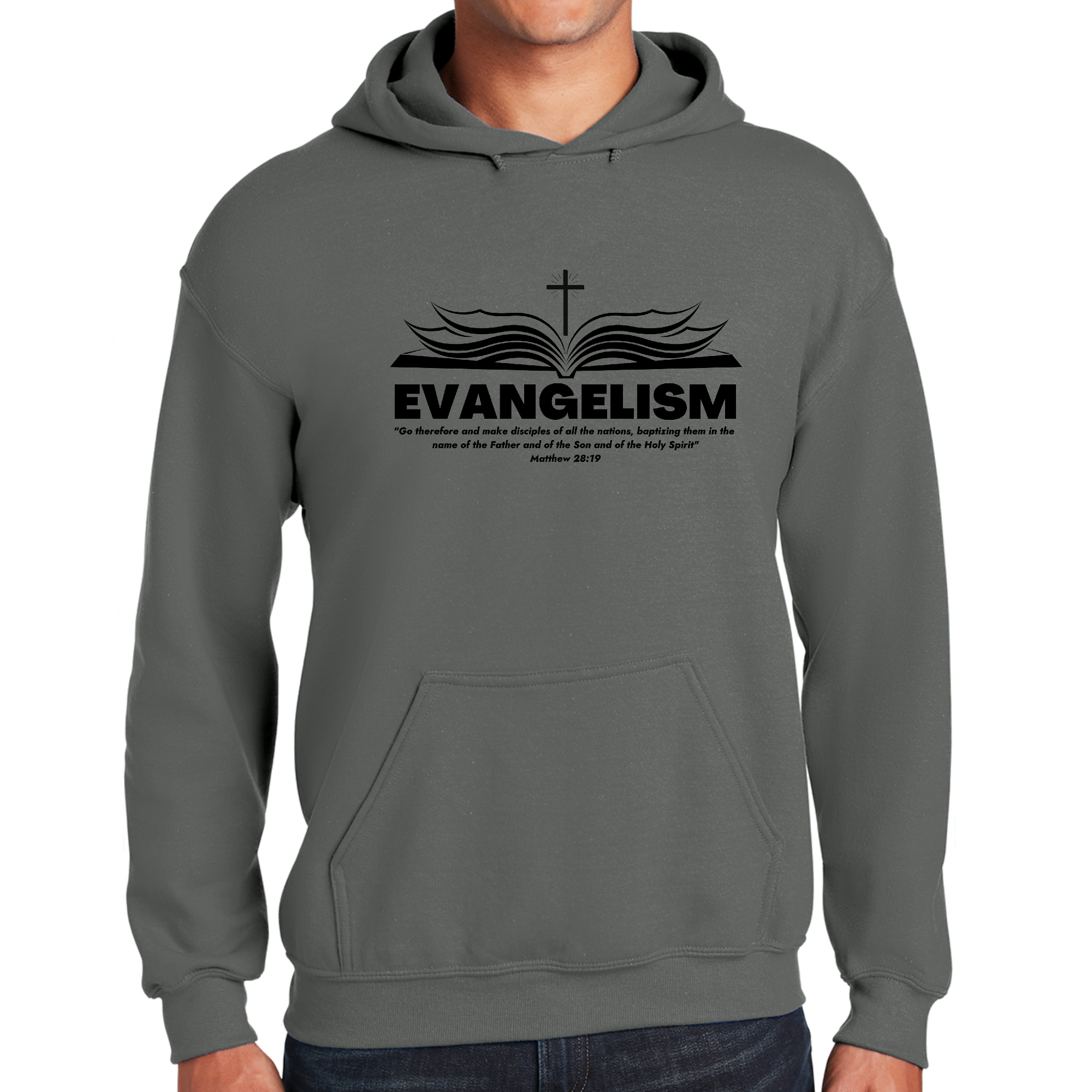 Men's Graphic Hoodie featuring the phrase 'Go Therefore and Make Disciples' with a comfortable fit and drawstring neckline.