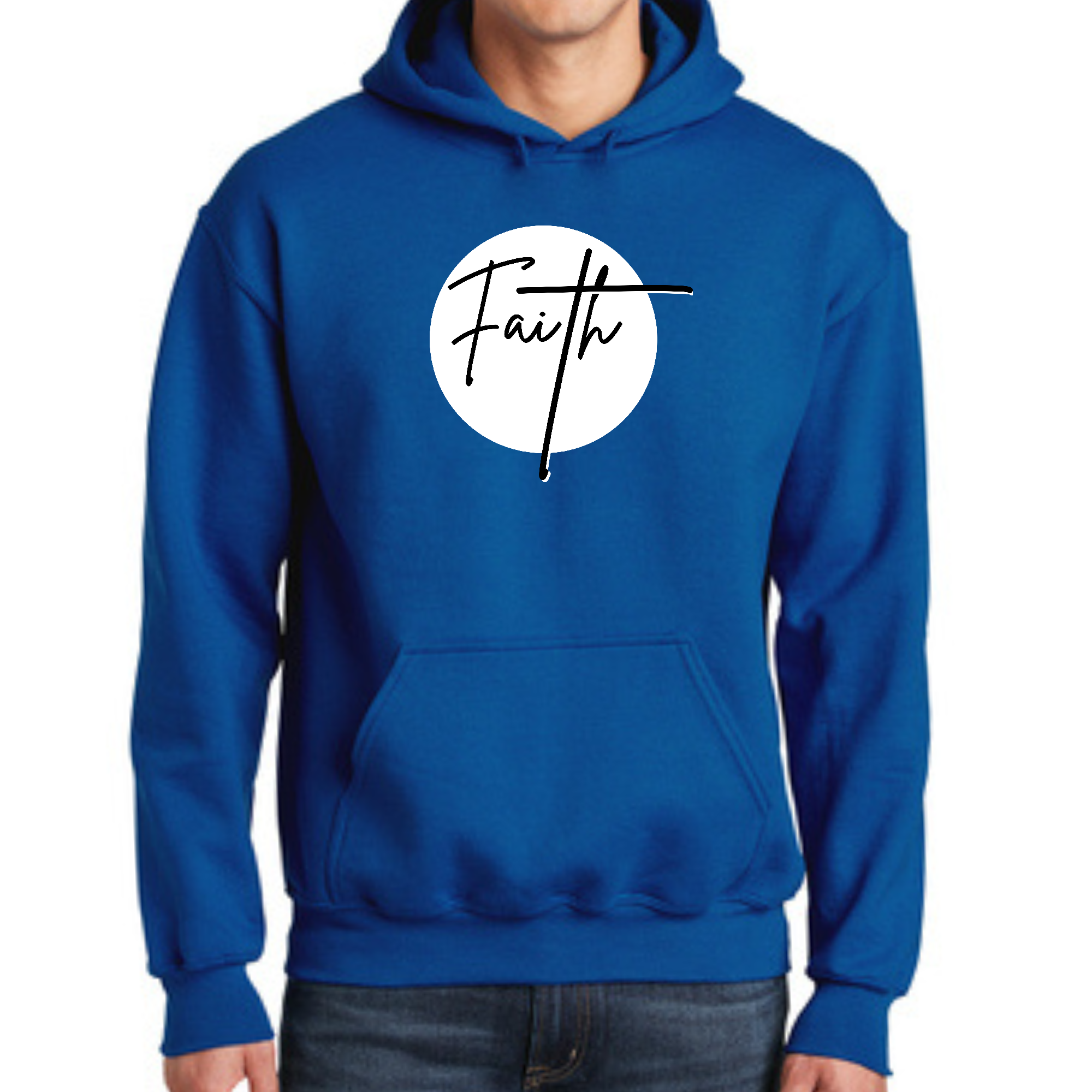 Men's Graphic Hoodie featuring a Faith Print in black and white, showcasing a stylish design with a drawstring neckline.