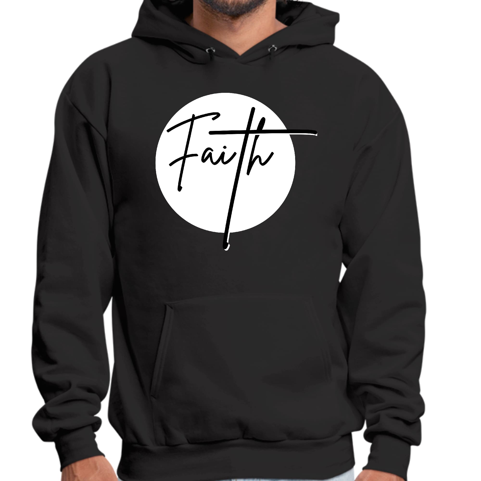 Men's Graphic Hoodie featuring a Faith Print in black and white, showcasing a stylish design with a drawstring neckline.