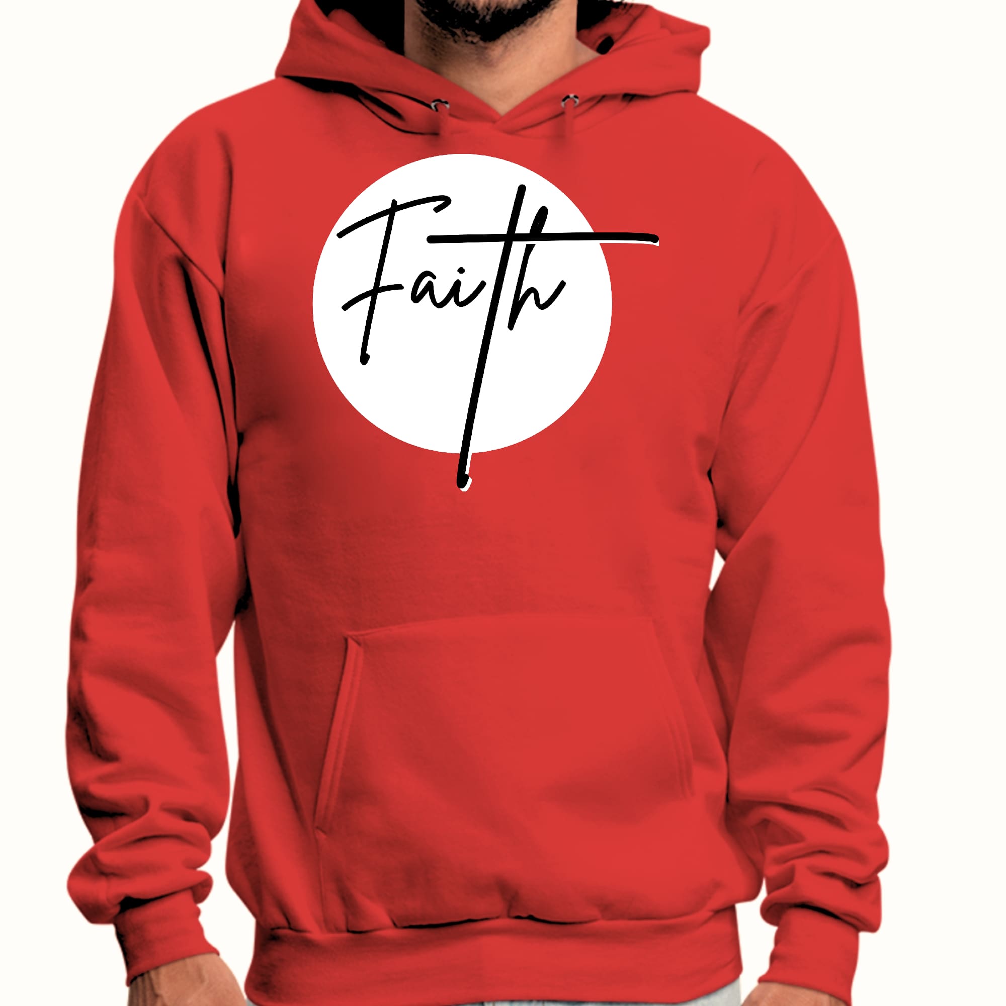 Men's Graphic Hoodie featuring a Faith Print in black and white, showcasing a stylish design with a drawstring neckline.