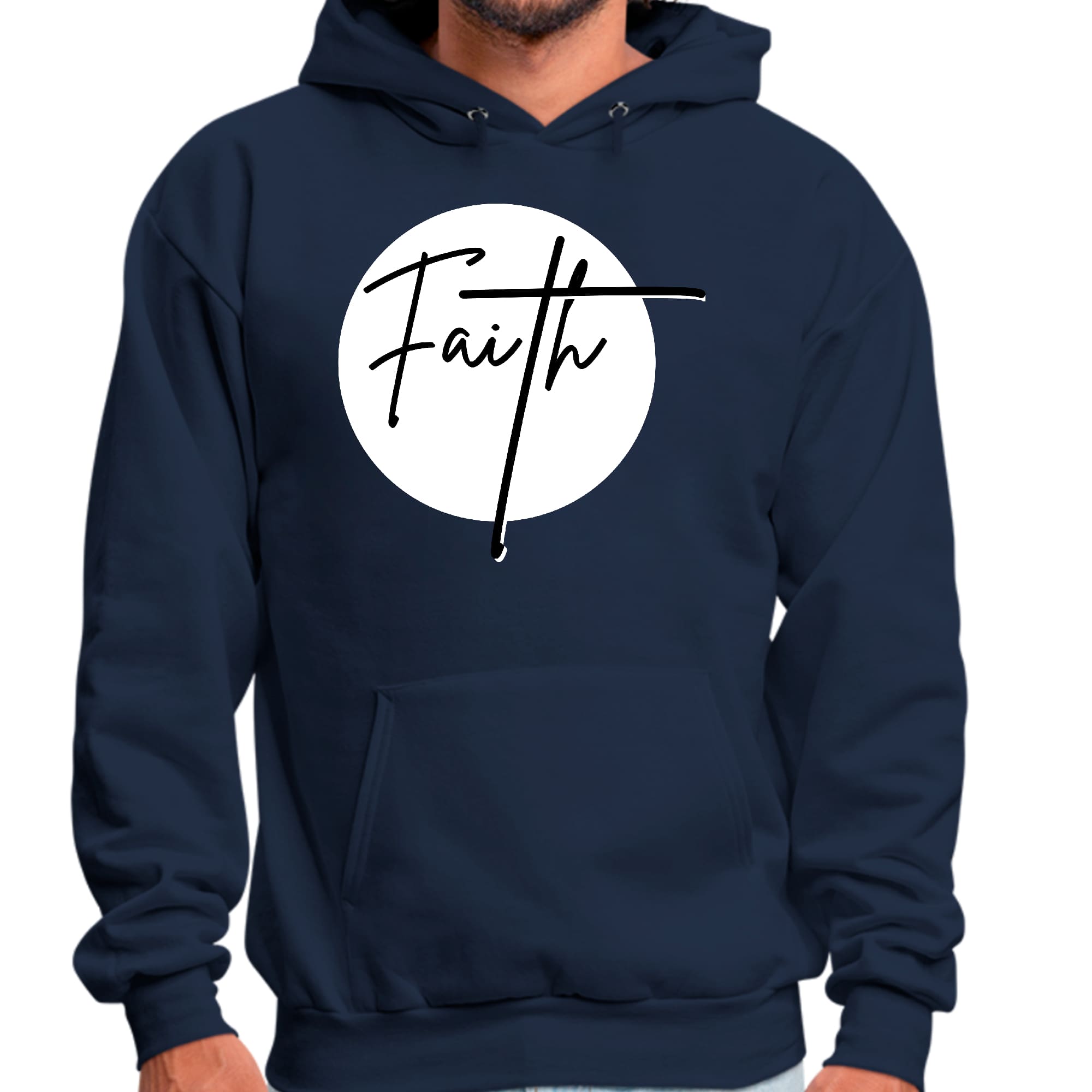 Men's Graphic Hoodie featuring a Faith Print in black and white, showcasing a stylish design with a drawstring neckline.