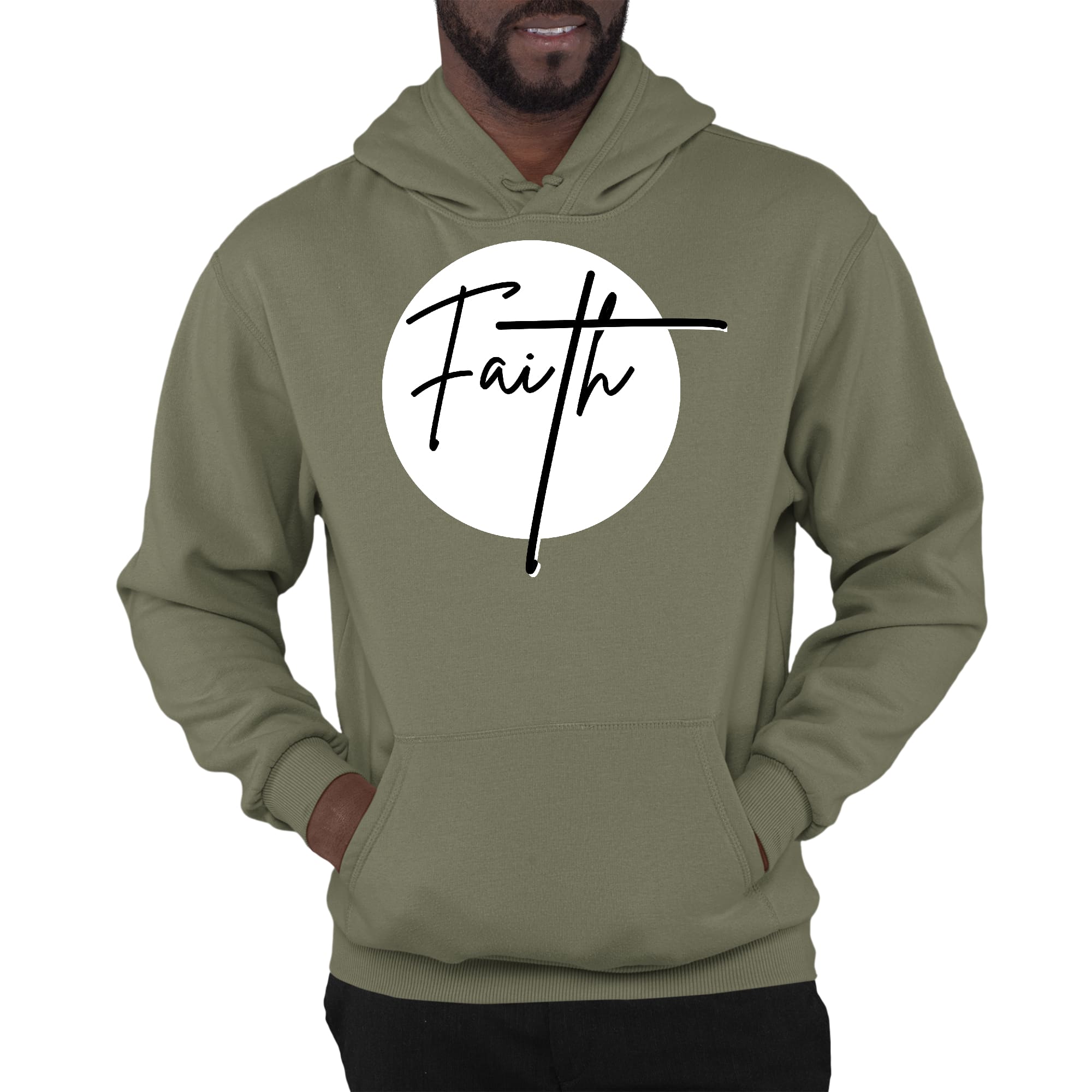 Men's Graphic Hoodie featuring a Faith Print in black and white, showcasing a stylish design with a drawstring neckline.