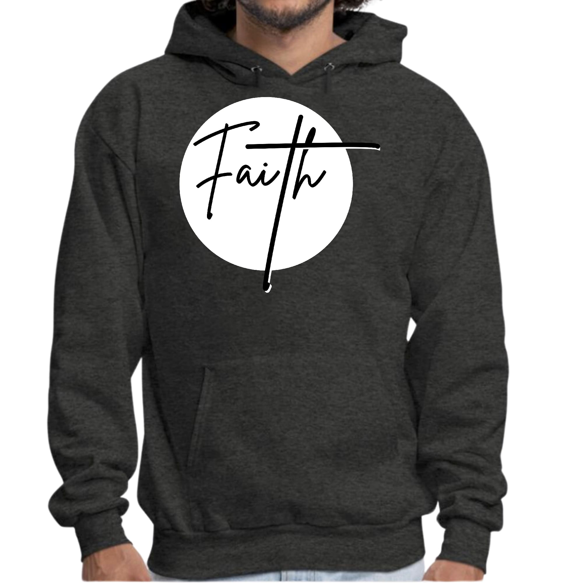 Men's Graphic Hoodie featuring a Faith Print in black and white, showcasing a stylish design with a drawstring neckline.