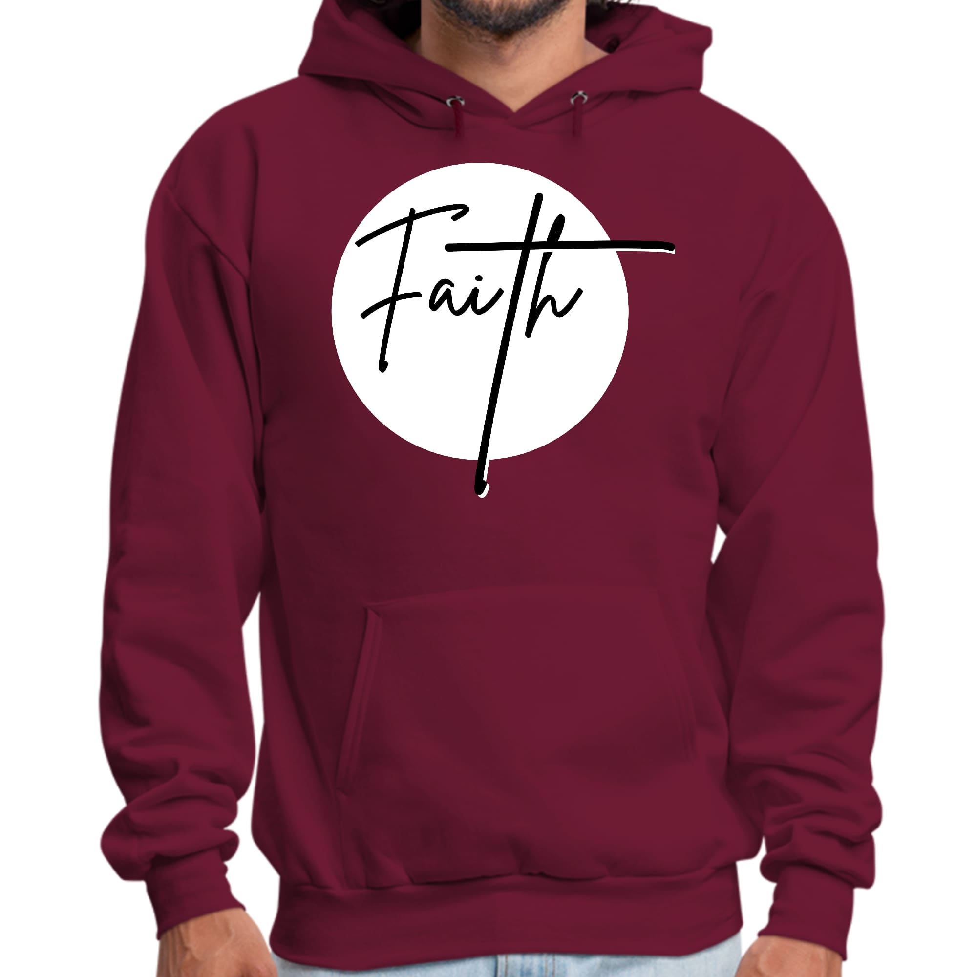 Men's Graphic Hoodie featuring a Faith Print in black and white, showcasing a stylish design with a drawstring neckline.