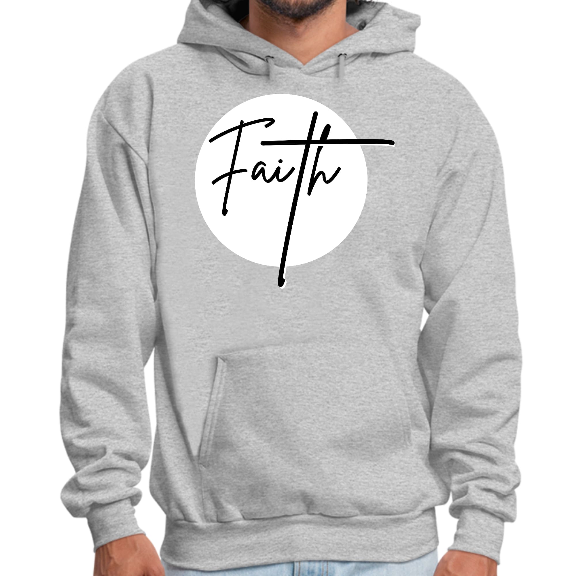 Men's Graphic Hoodie featuring a Faith Print in black and white, showcasing a stylish design with a drawstring neckline.