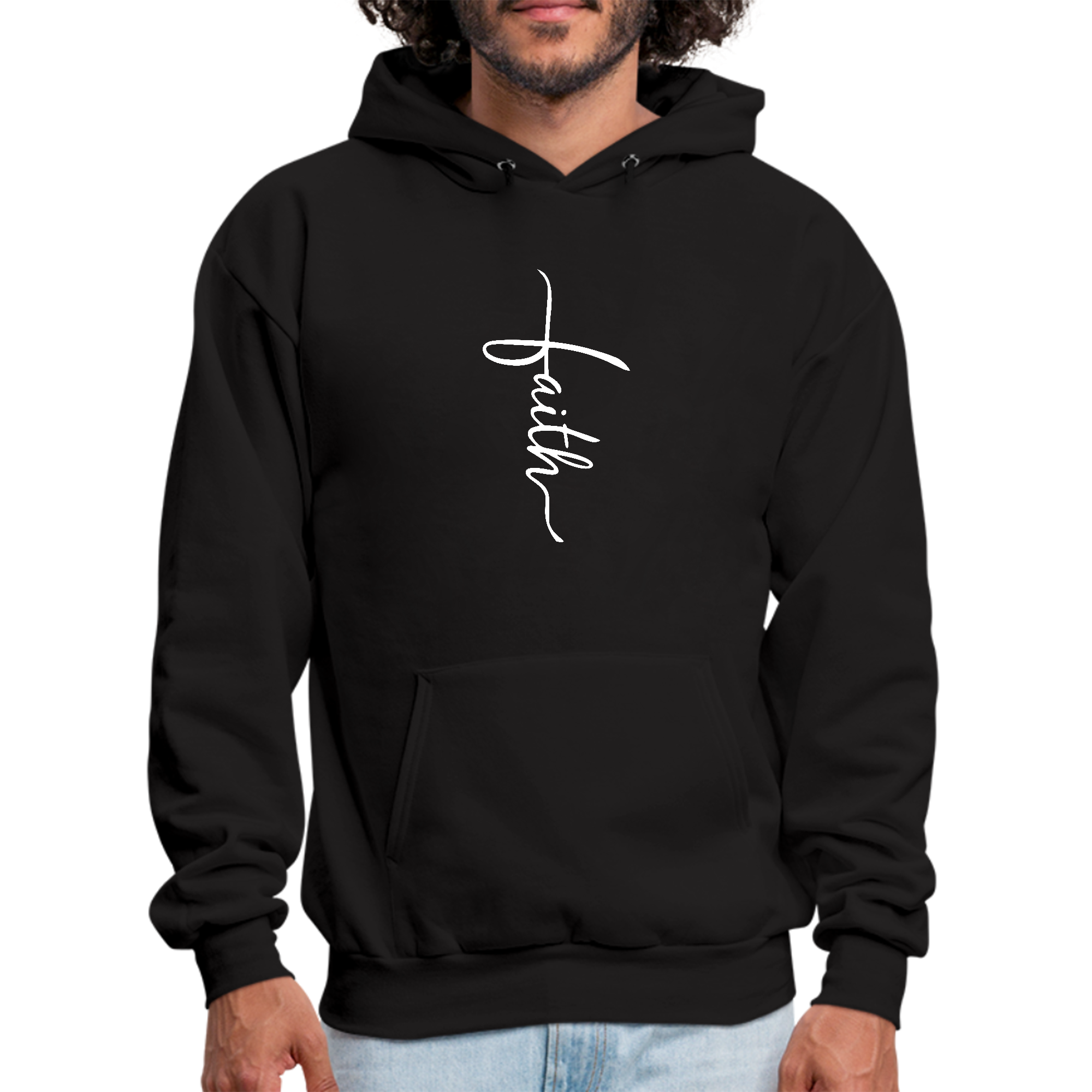 Men's graphic hoodie with Faith Script Cross illustration, showcasing a comfortable and stylish design.