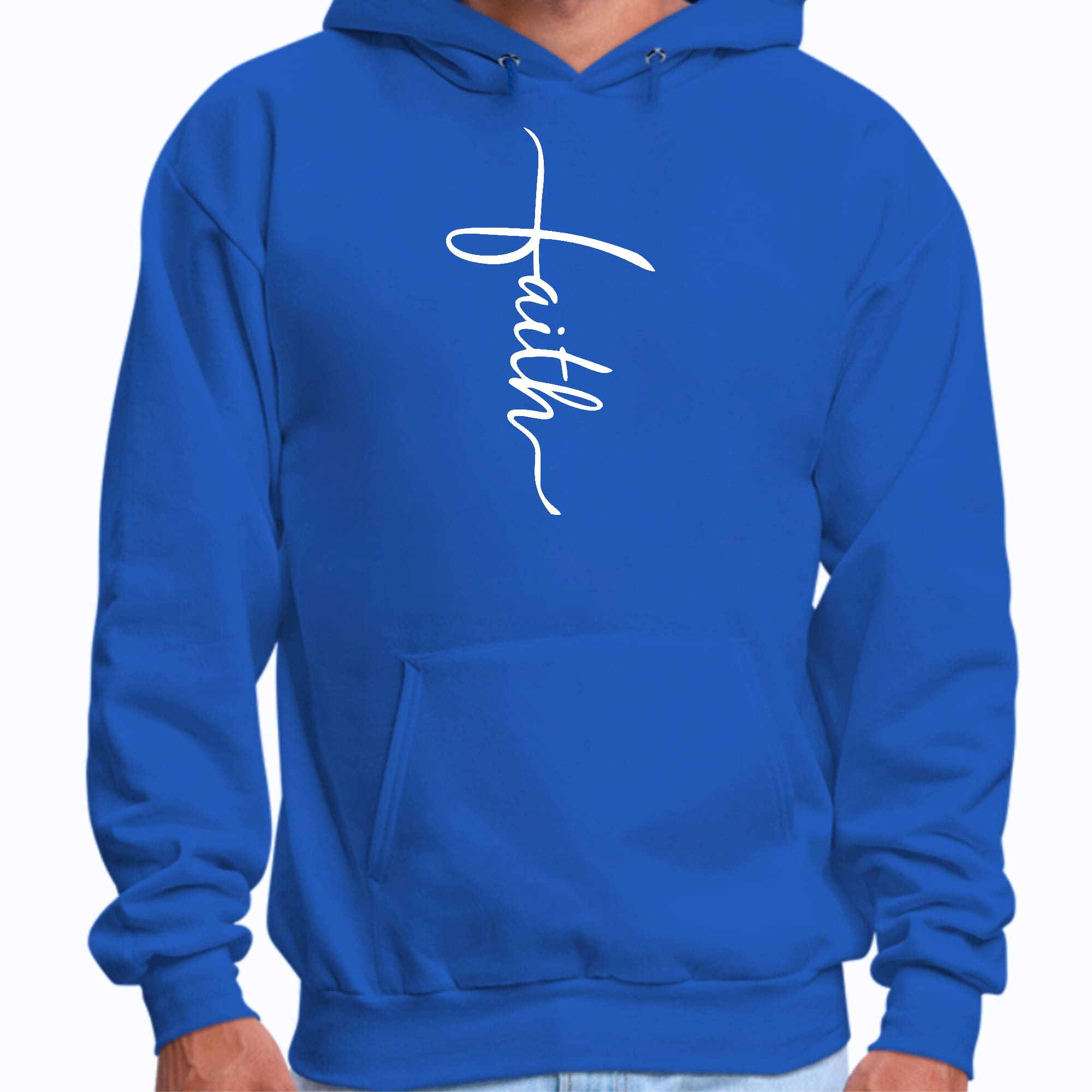 Men's graphic hoodie with Faith Script Cross illustration, showcasing a comfortable and stylish design.