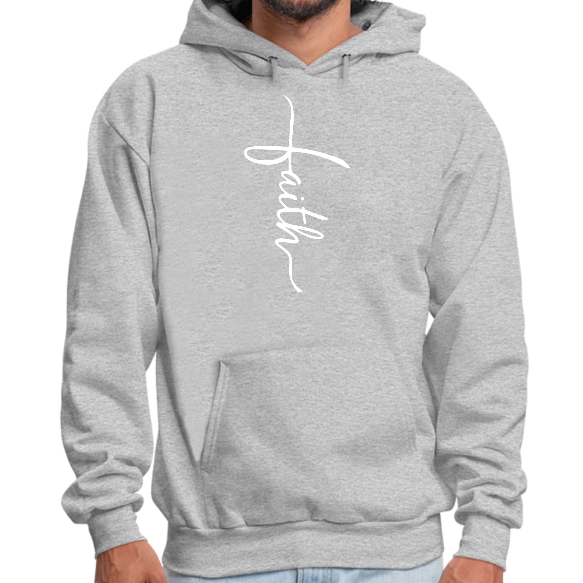 Men's graphic hoodie with Faith Script Cross illustration, showcasing a comfortable and stylish design.