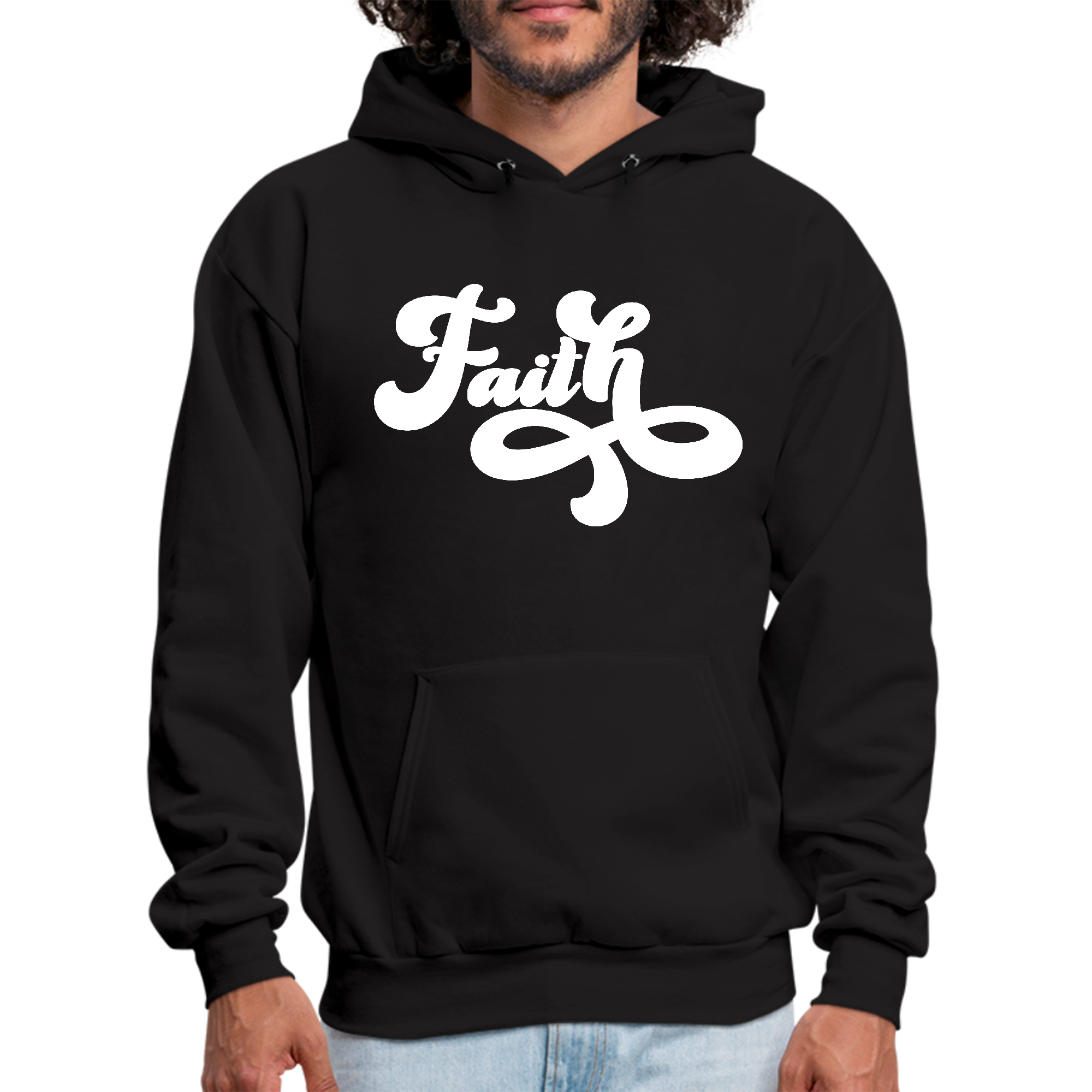 Men's Graphic Hoodie featuring a stylish Faith Script illustration, showcasing its soft fabric and drawstring neckline.