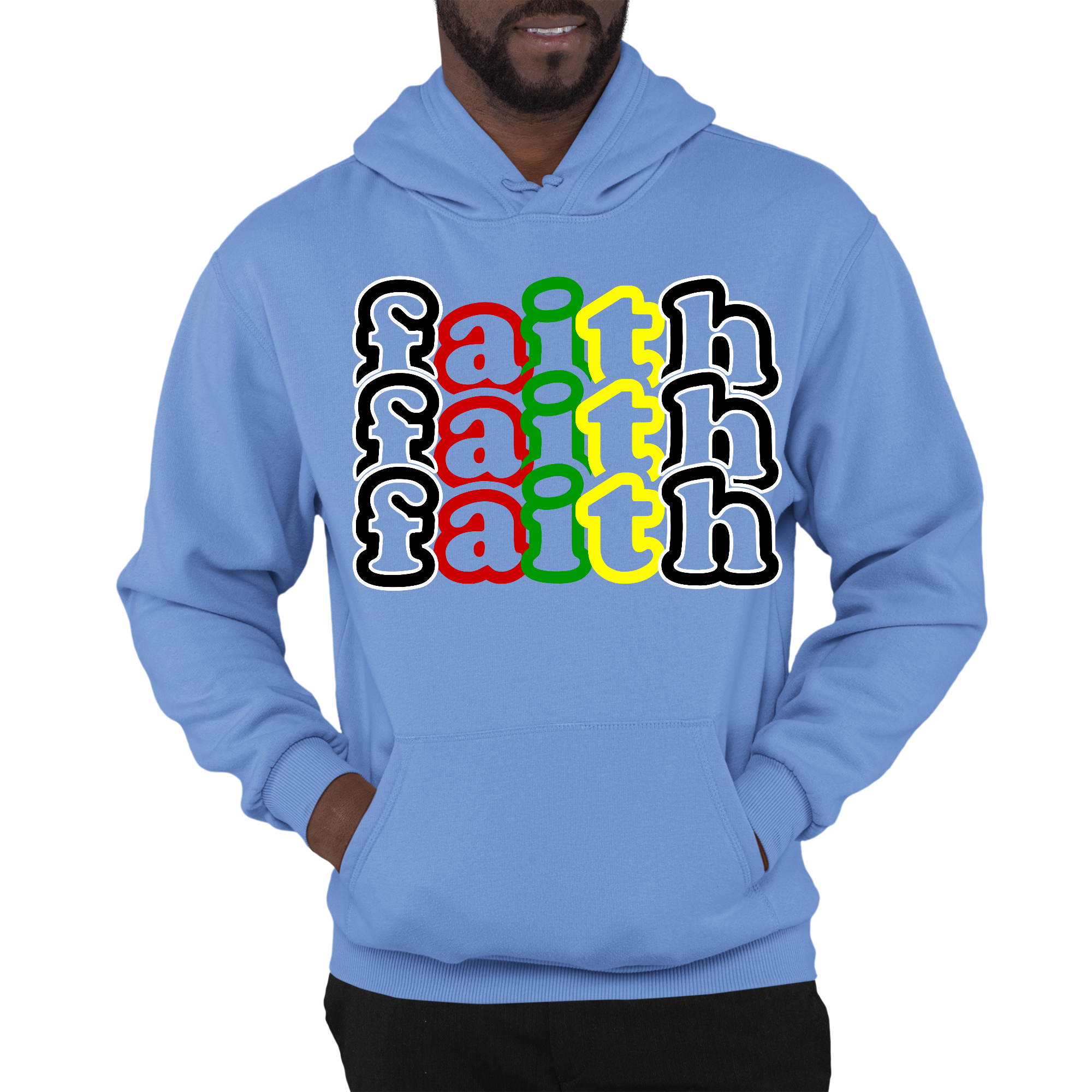 Men's Graphic Hoodie featuring multicolor Faith Stack design on a black background, showcasing a comfortable and stylish look.