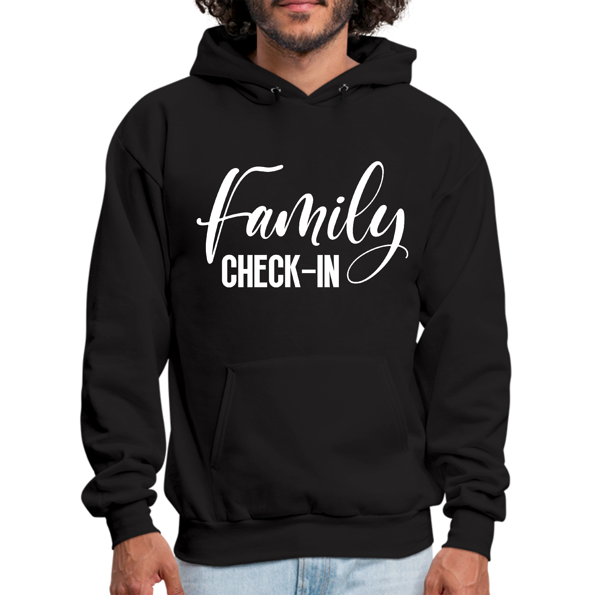 Men's Graphic Hoodie with Family Check-in illustration, showcasing a cozy design perfect for family gatherings.