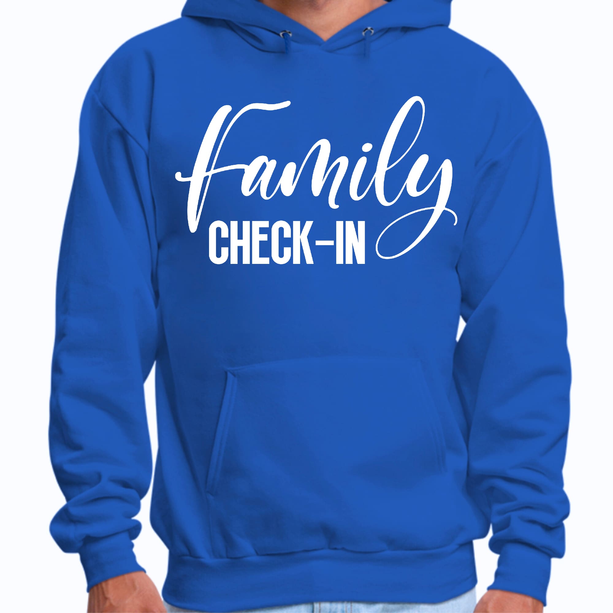 Men's Graphic Hoodie with Family Check-in illustration, showcasing a cozy design perfect for family gatherings.