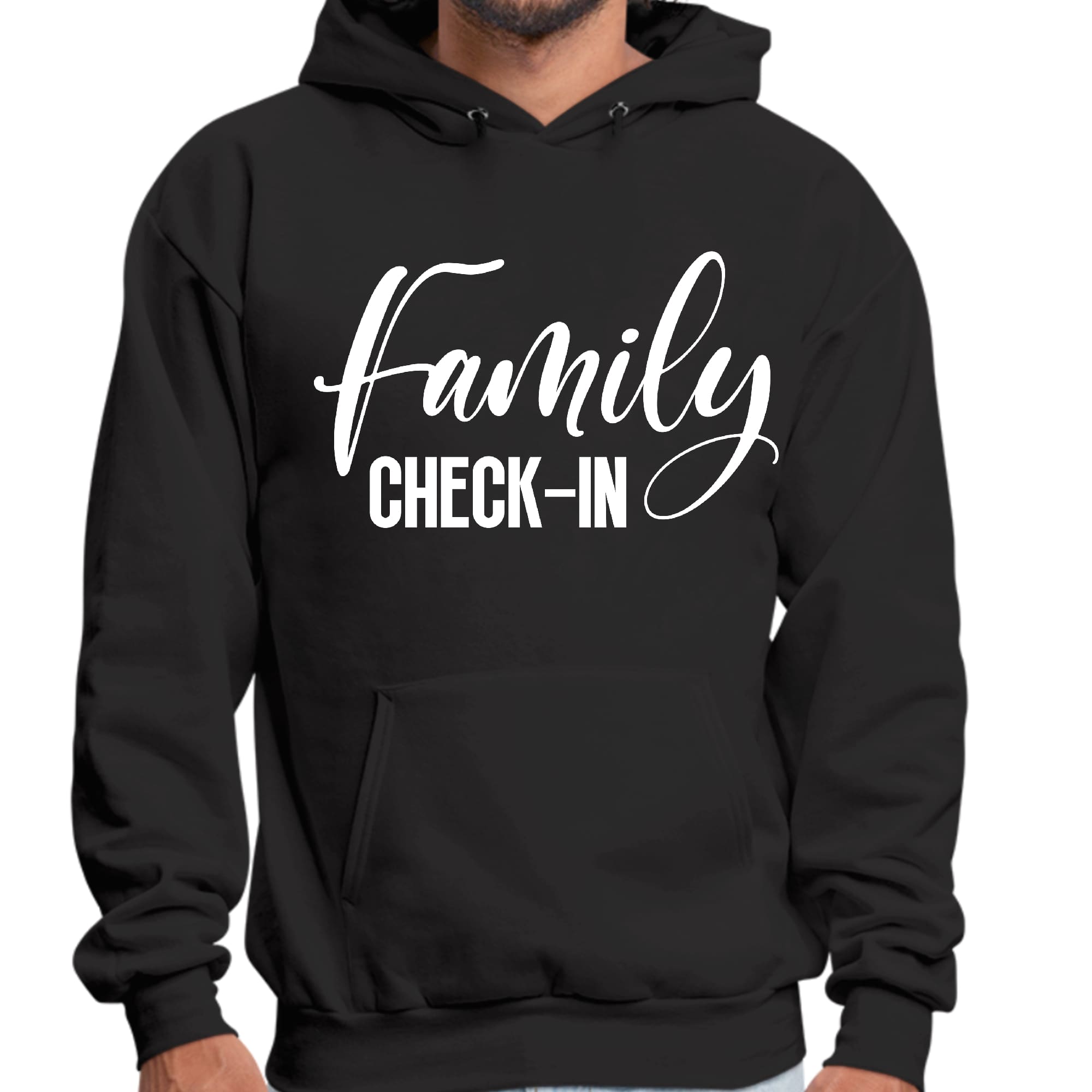 Men's Graphic Hoodie with Family Check-in illustration, showcasing a cozy design perfect for family gatherings.