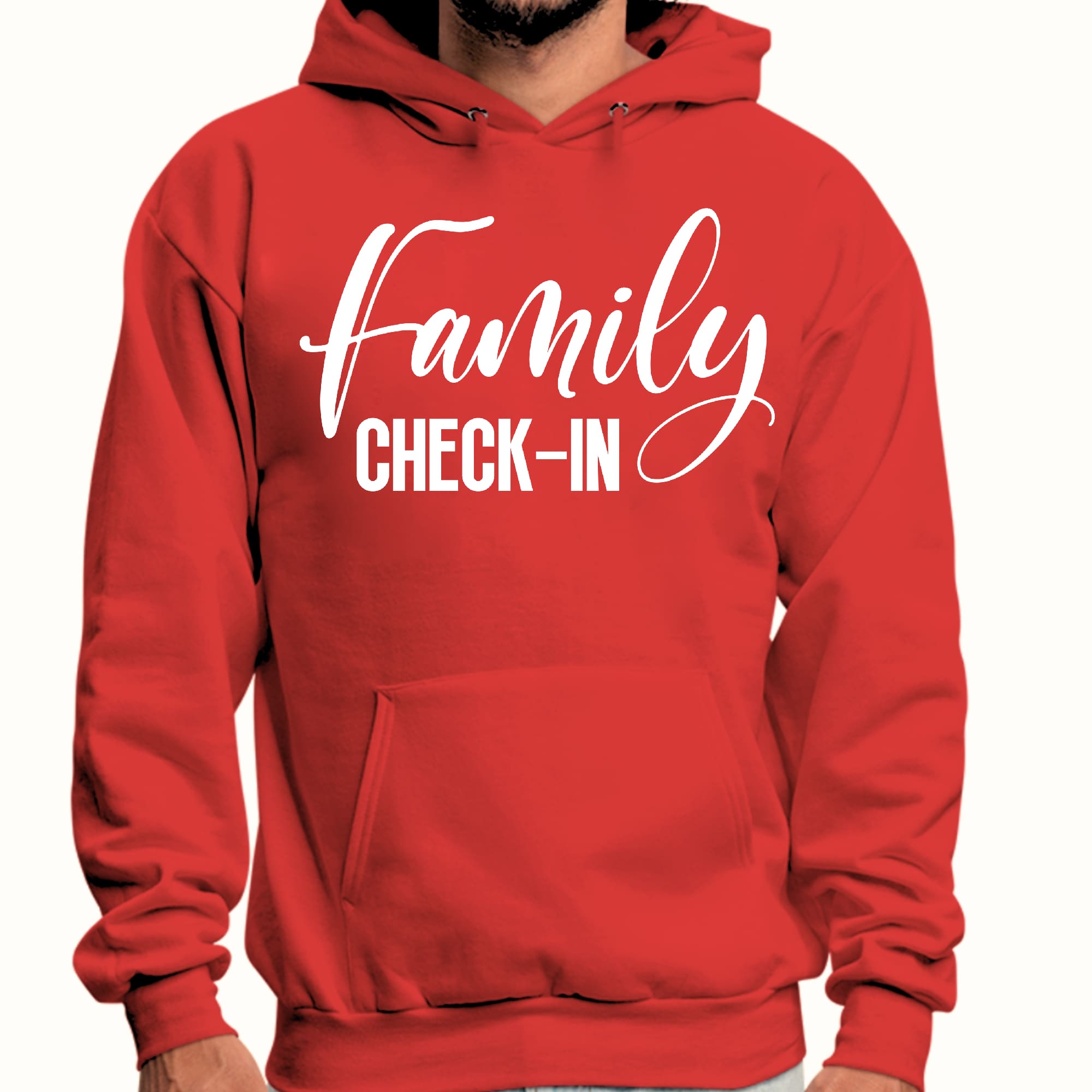 Men's Graphic Hoodie with Family Check-in illustration, showcasing a cozy design perfect for family gatherings.