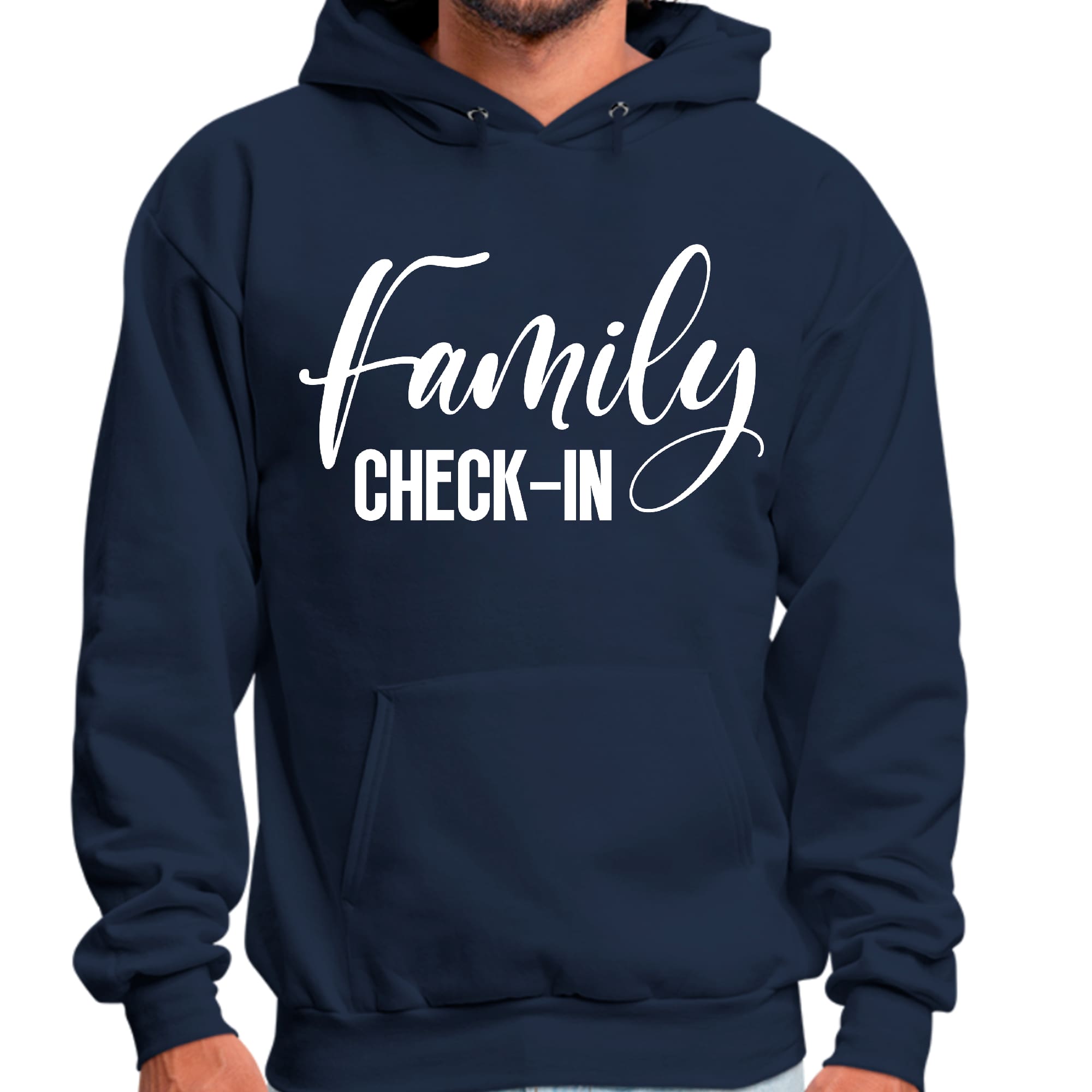 Men's Graphic Hoodie with Family Check-in illustration, showcasing a cozy design perfect for family gatherings.