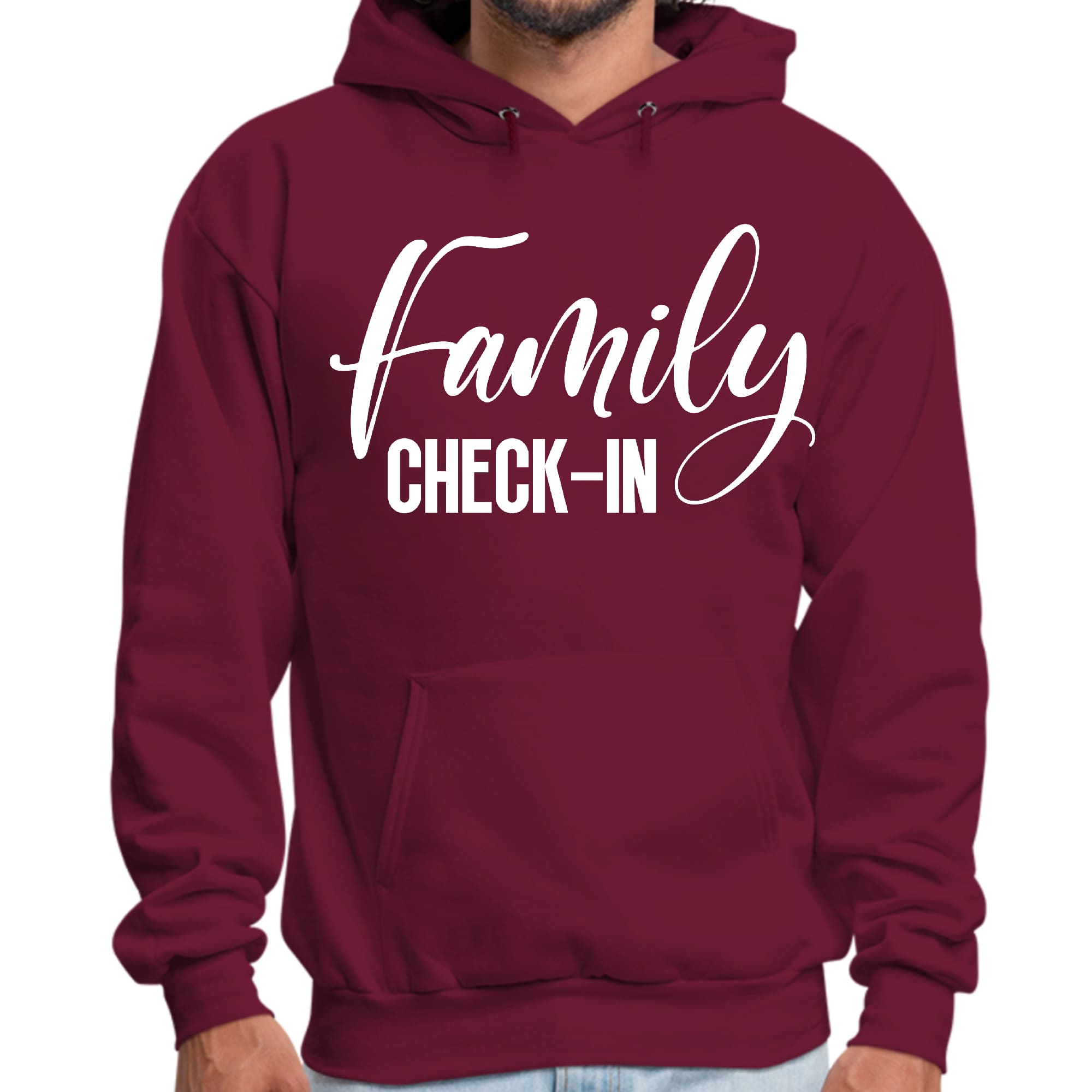 Men's Graphic Hoodie with Family Check-in illustration, showcasing a cozy design perfect for family gatherings.