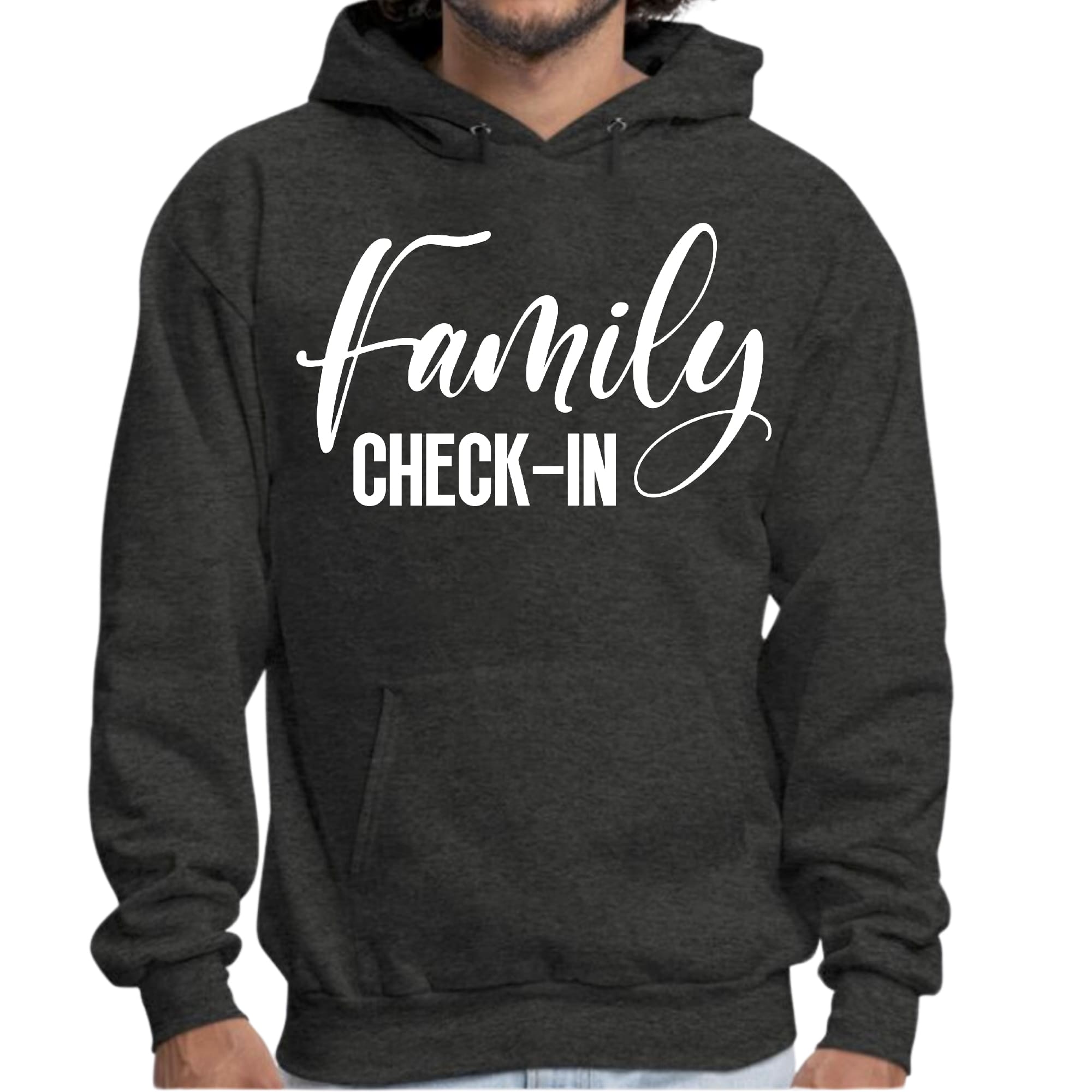 Men's Graphic Hoodie with Family Check-in illustration, showcasing a cozy design perfect for family gatherings.