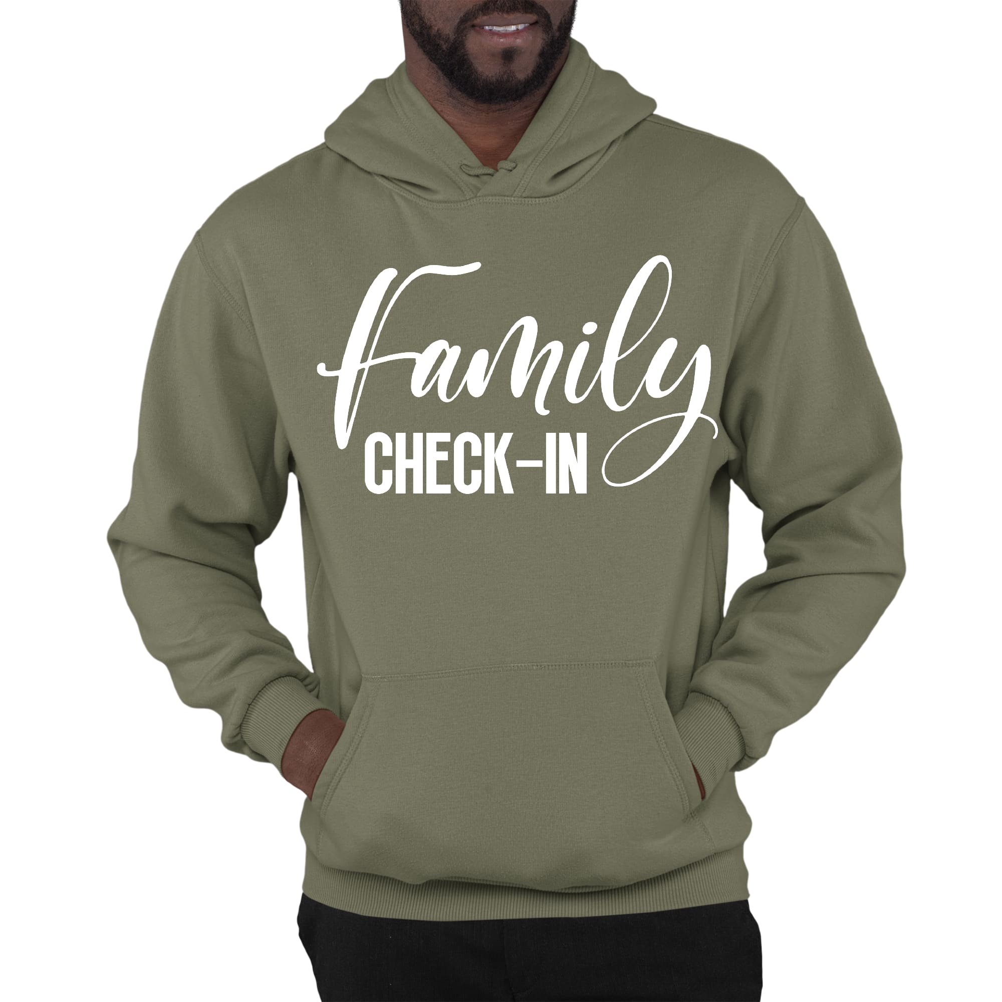 Men's Graphic Hoodie with Family Check-in illustration, showcasing a cozy design perfect for family gatherings.