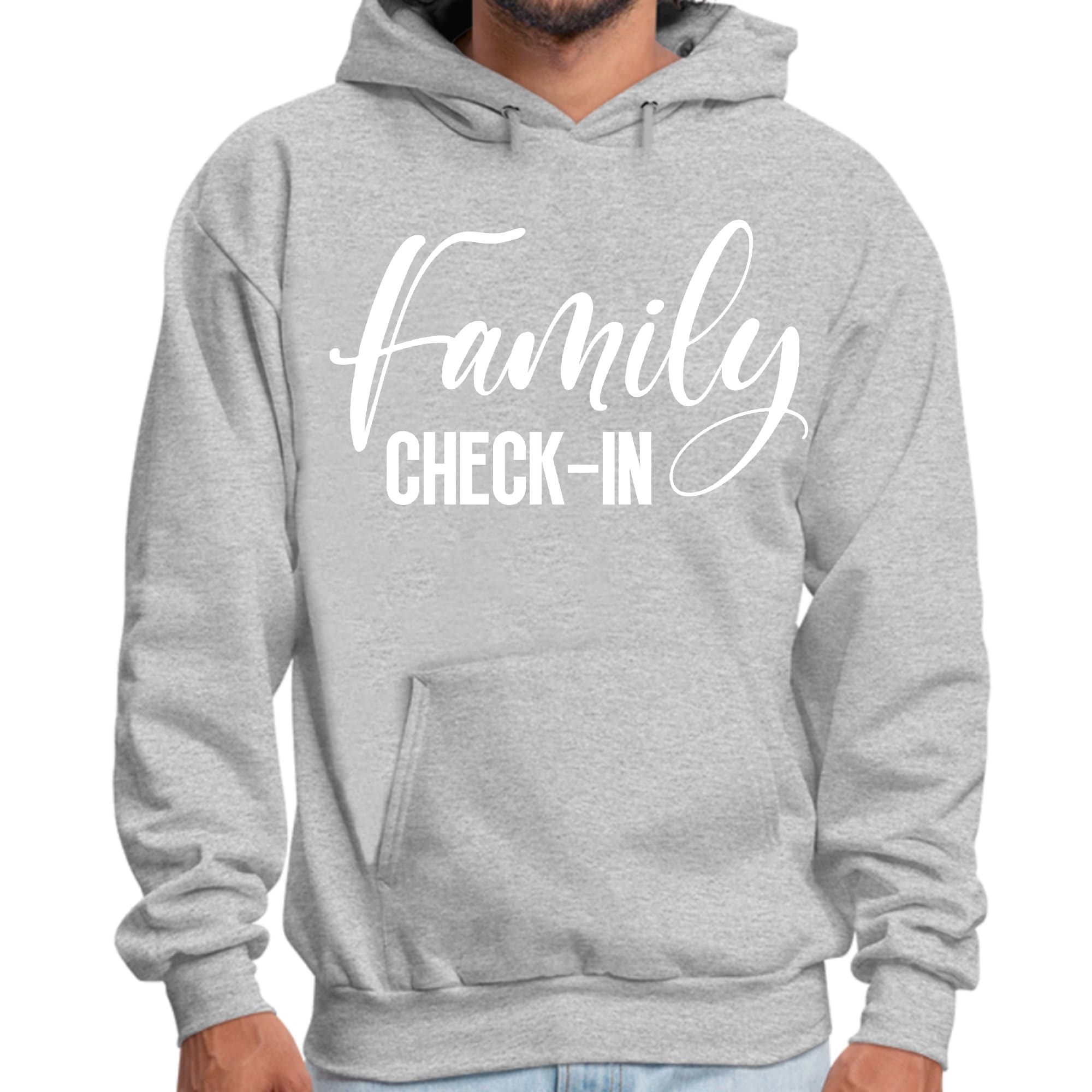 Men's Graphic Hoodie with Family Check-in illustration, showcasing a cozy design perfect for family gatherings.