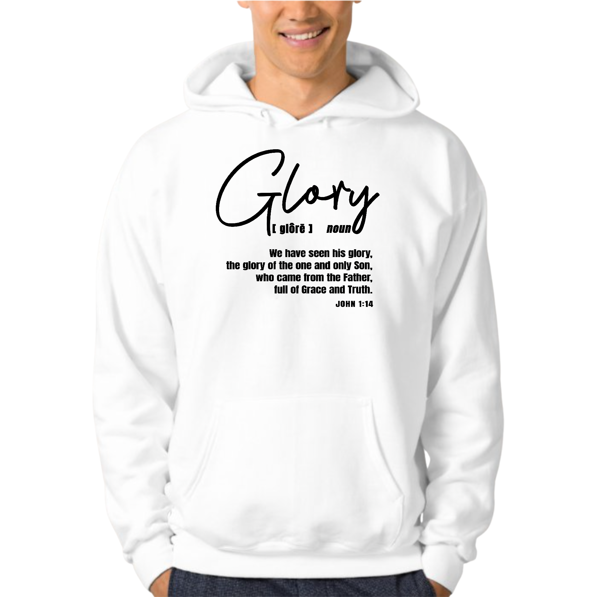 Mens Graphic Hoodie Glory in black featuring Christian inspirational graphics, designed for comfort and durability.