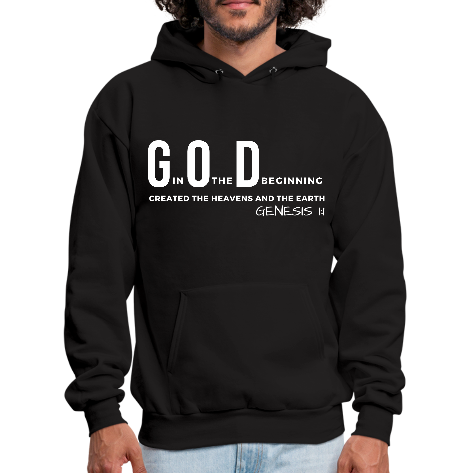 Men's Graphic Hoodie with 'God in the Beginning' print, showcasing a comfortable fit and stylish design.