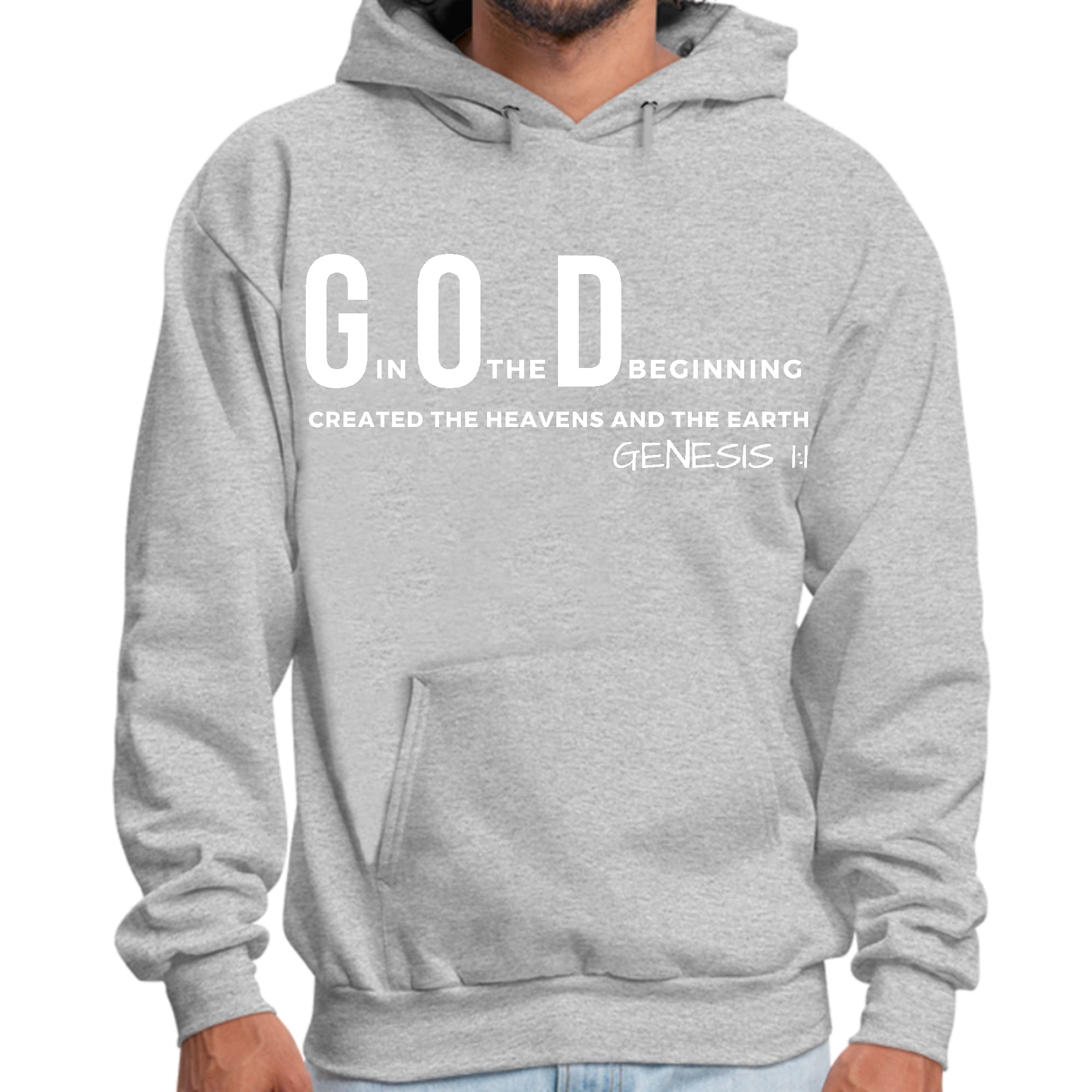 Men's Graphic Hoodie with 'God in the Beginning' print, showcasing a comfortable fit and stylish design.