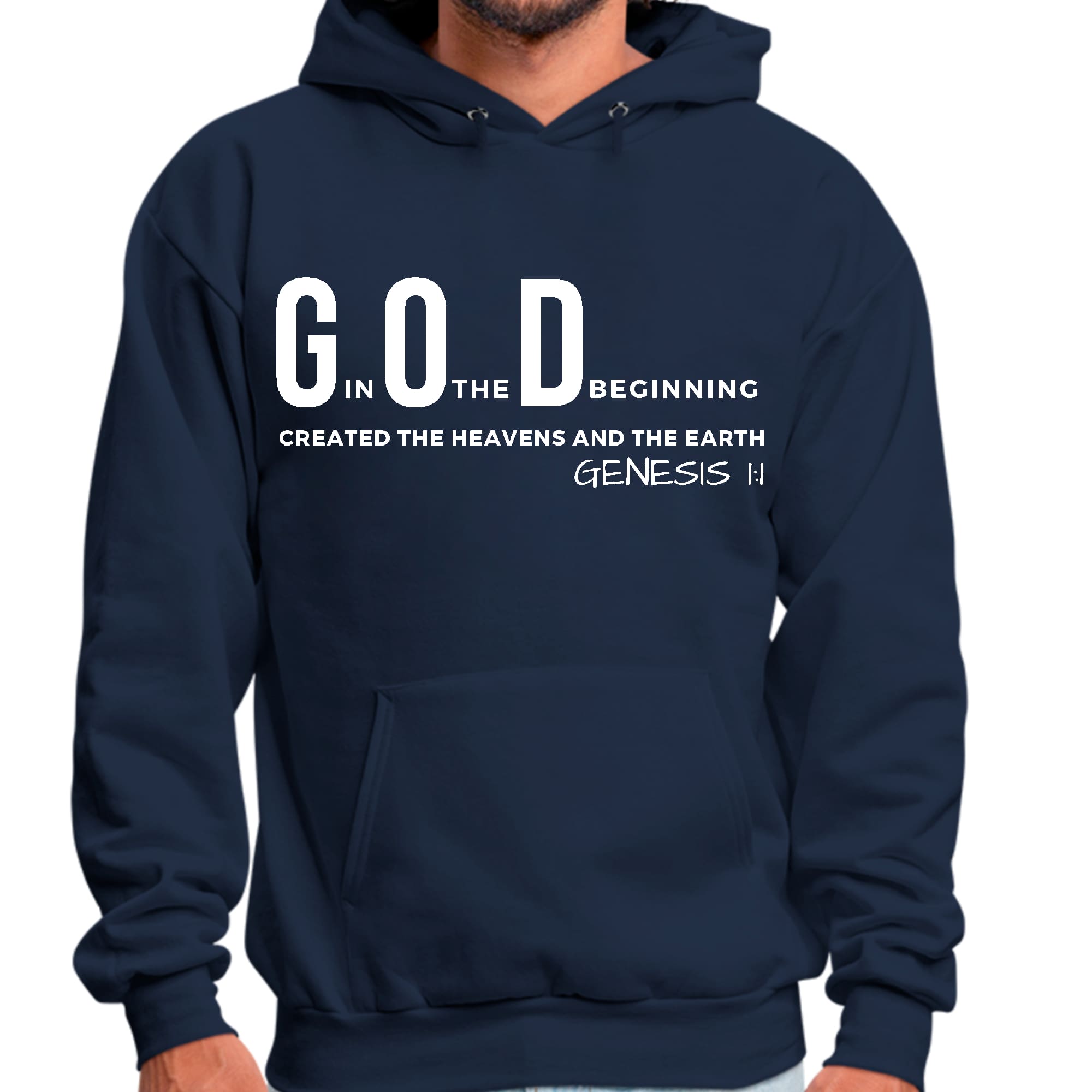 Men's Graphic Hoodie with 'God in the Beginning' print, showcasing a comfortable fit and stylish design.