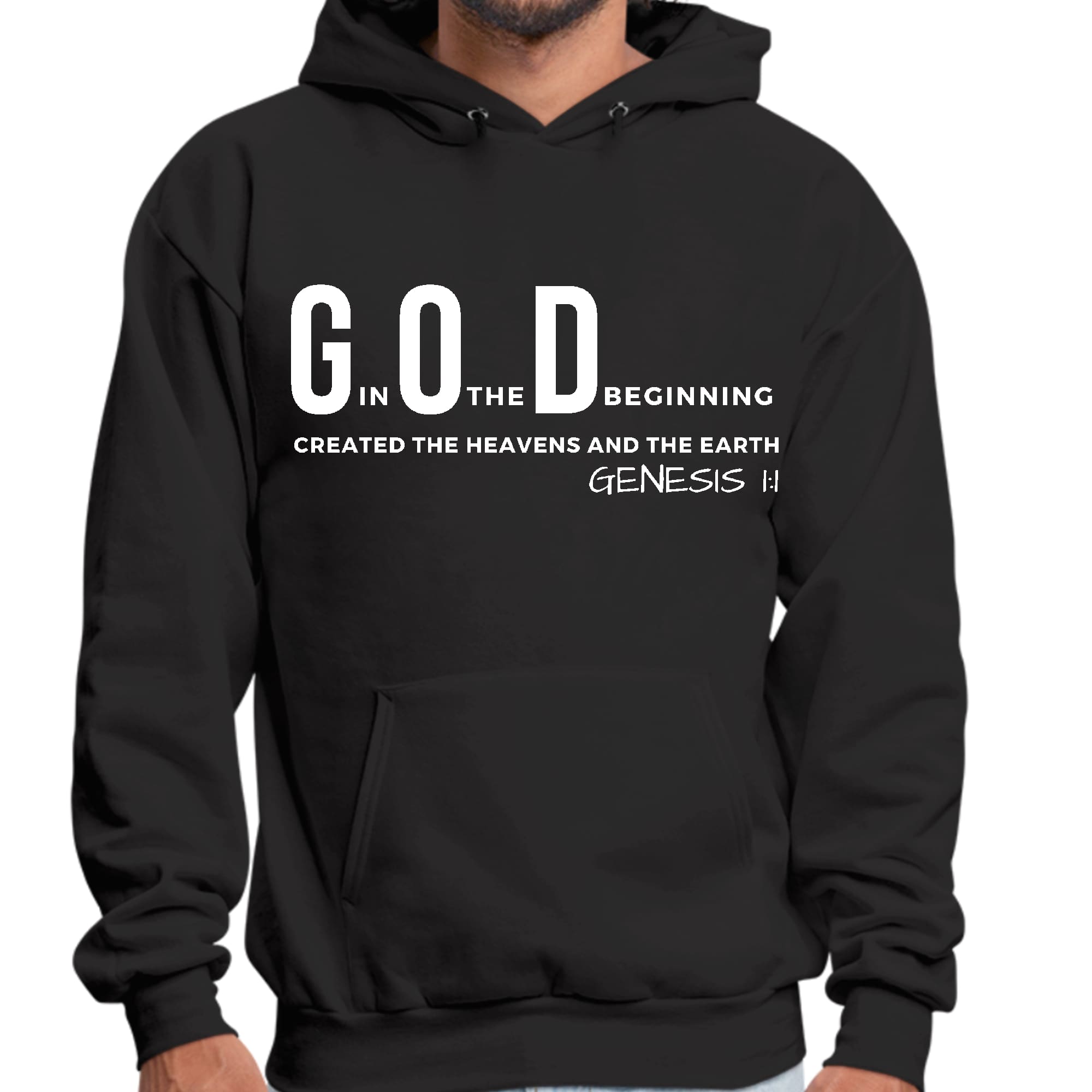 Men's Graphic Hoodie with 'God in the Beginning' print, showcasing a comfortable fit and stylish design.