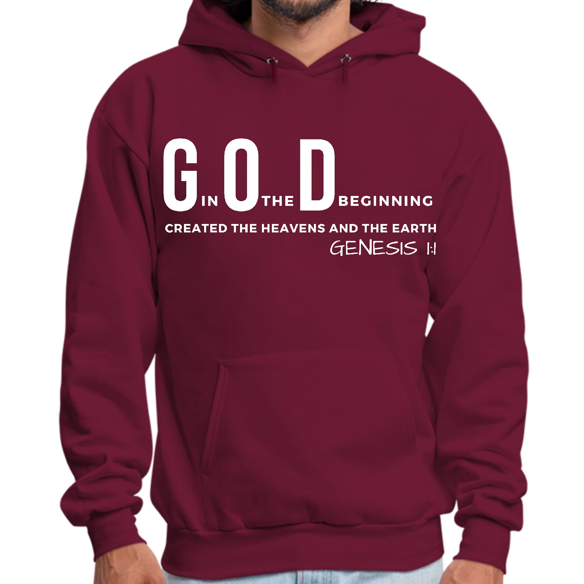 Men's Graphic Hoodie with 'God in the Beginning' print, showcasing a comfortable fit and stylish design.